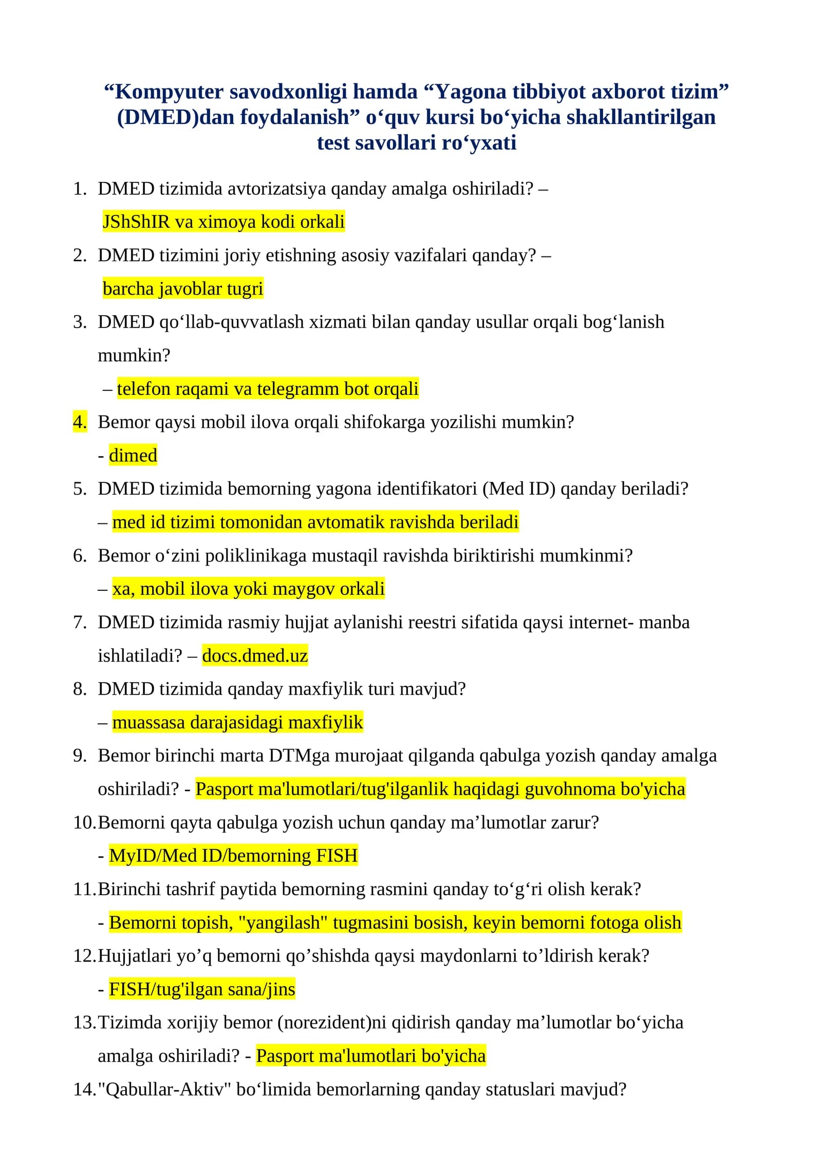 2026 DMED hamda Kompyuter savodxonligi test javoblari