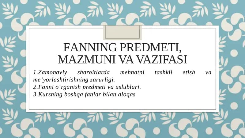 Fanning predmeti, mazmuni va vazifasi