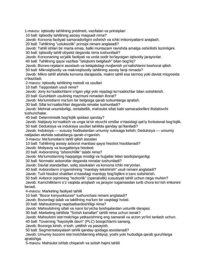 Iqtisodiy tahlil fanidan mavzuli va balli savollar (qo'shimcha)