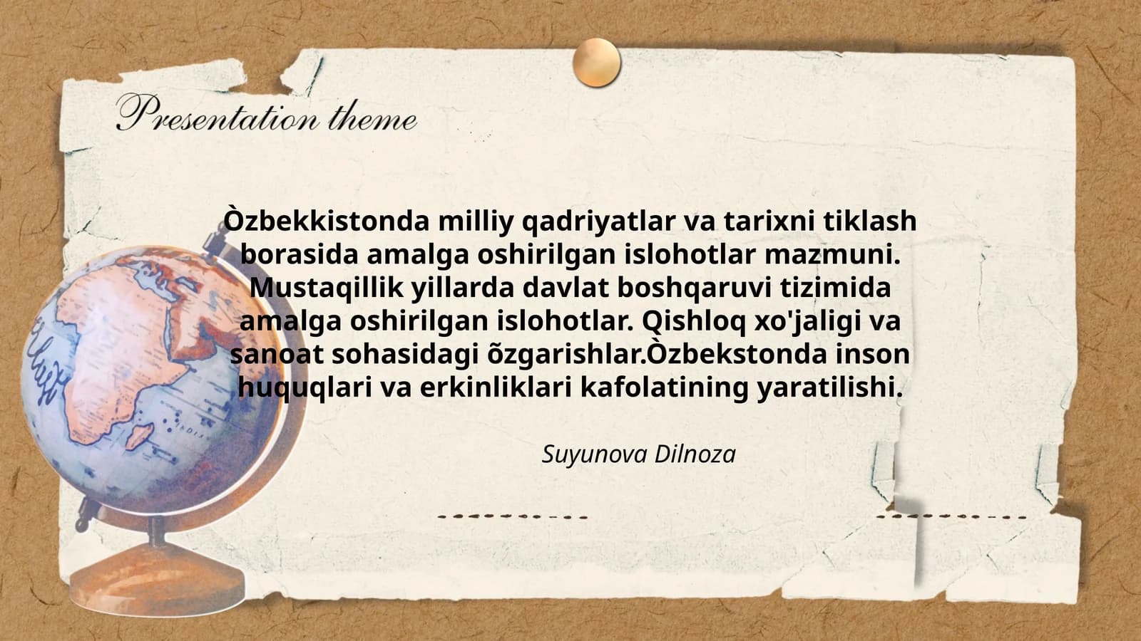 Òzbekkistonda milliy qadriyatlar va tarixni tiklash borasida amalga oshirilgan islohotlar mazmuni. Mustaqillik yillarda davlat boshqaruvi tizimida amalga oshirilgan islohotlar. Qishloq xo'jaligi va sanoat sohasidagi õzgarishlar.Òzbekstonda inson huquqlari va erkinliklari kafolatining yaratilishi