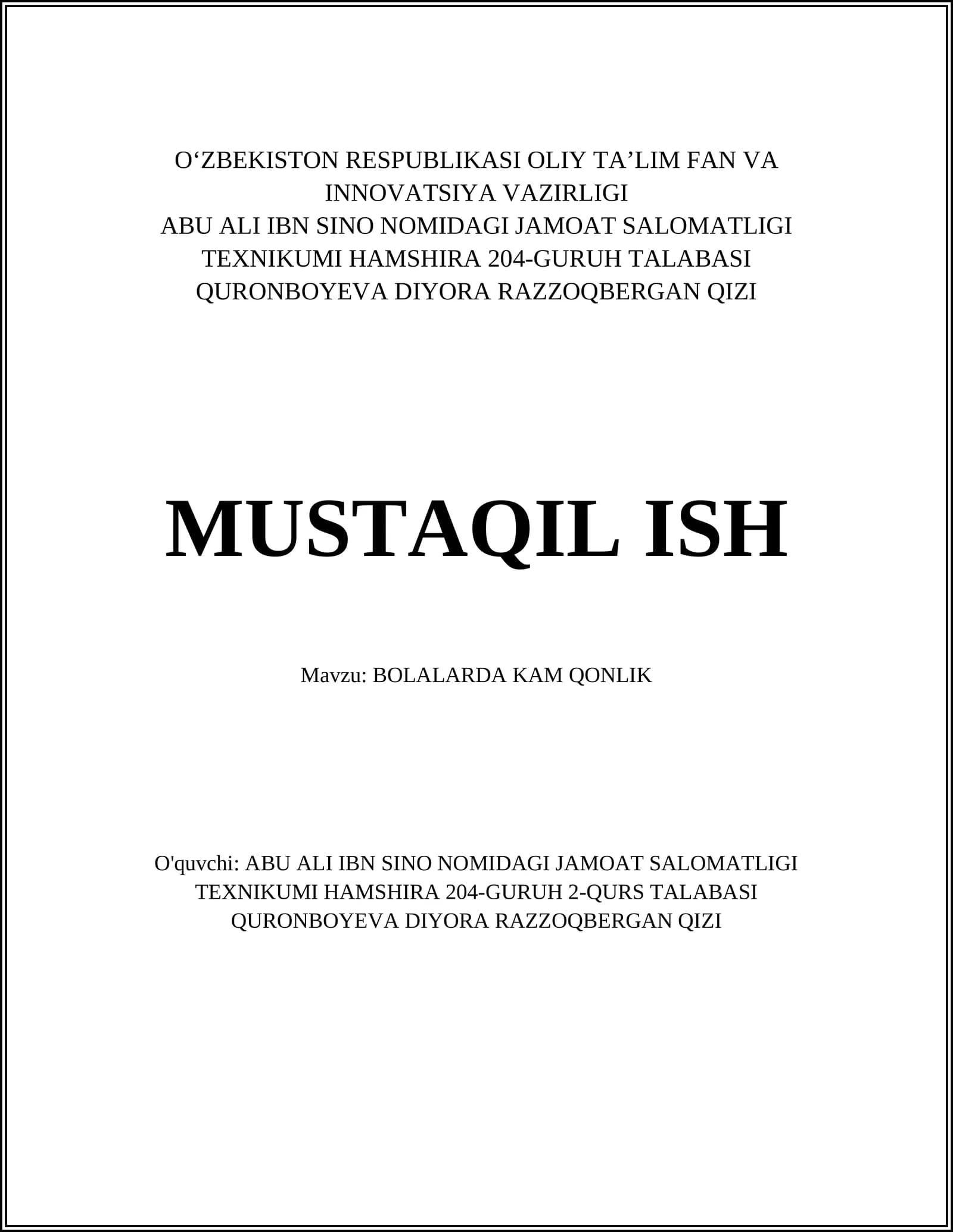 Bolalarda Temir Modda Yetishmovchiligi
