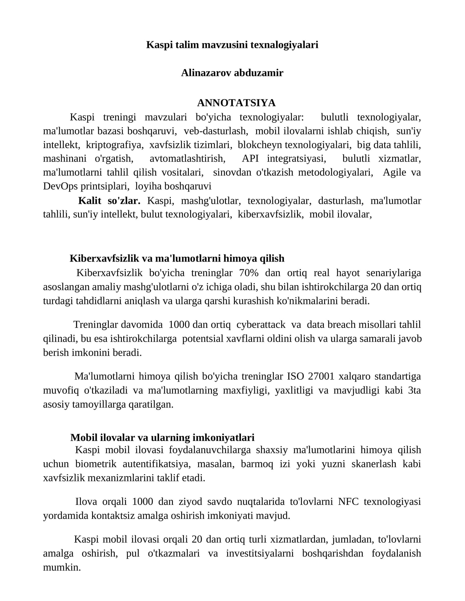 Kaspi talim mavzusini texnalogiyalari