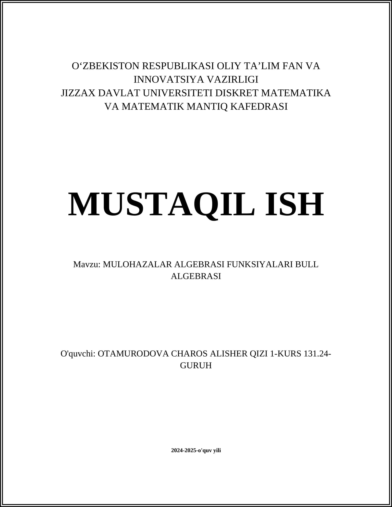MULOHAZALAR ALGEBRASI FUNKSIYALARI BULL ALGEBRASI