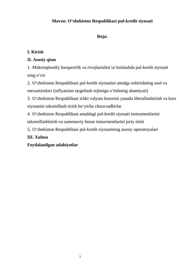O‘zbekiston Respublikasi pul-kredit siyosati