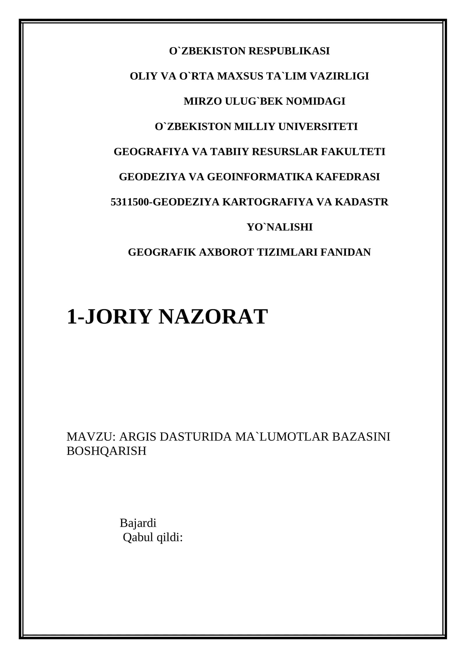 ARGIS DASTURIDA MA`LUMOTLAR BAZASINI BOSHQARISH