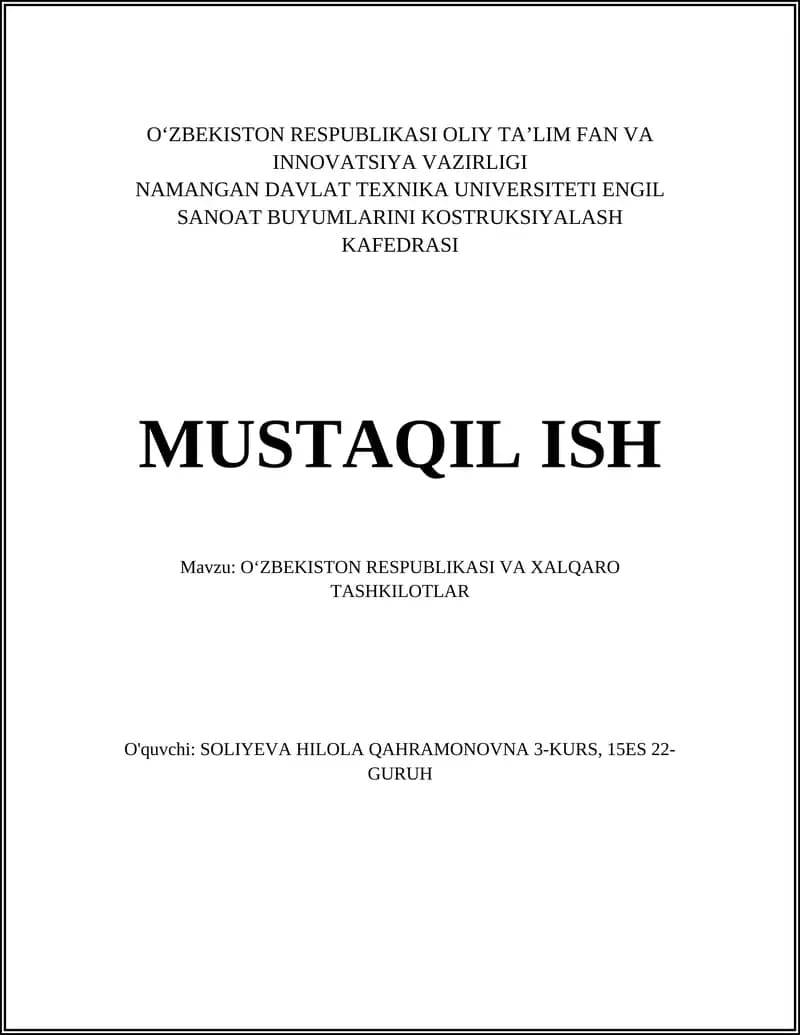 O‘ZBEKISTON RESPUBLIKASI VA XALQARO TASHKILOTLAR