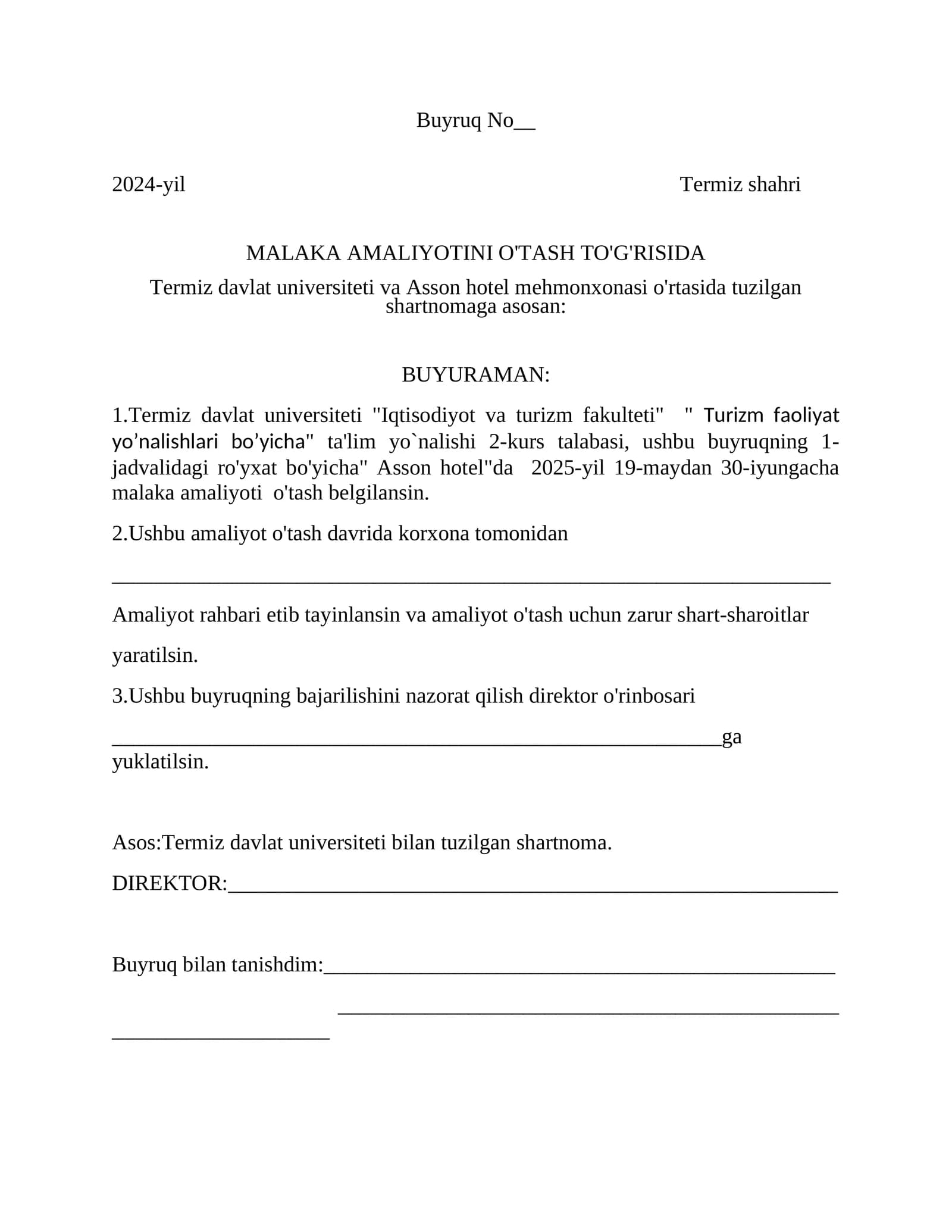 MALAKA AMALIYOTINI O'TASH TO'G'RISIDA
