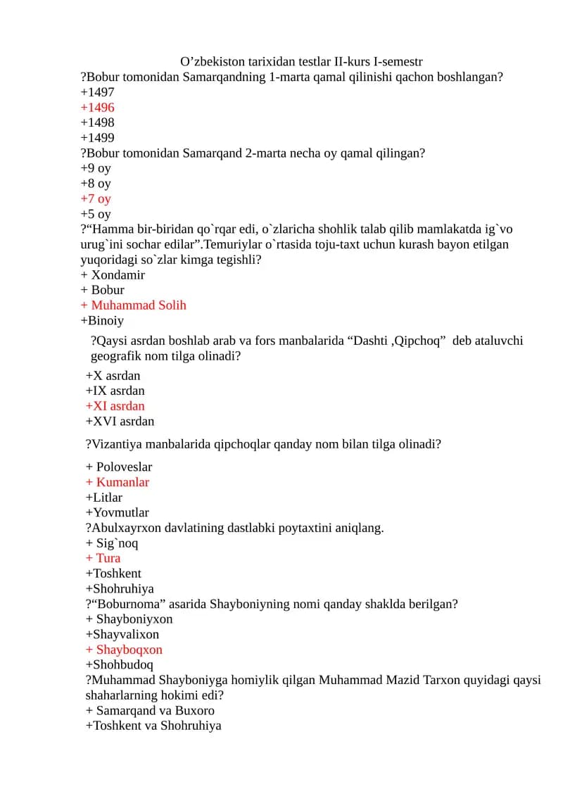O’zbekiston tarixidan testlar
