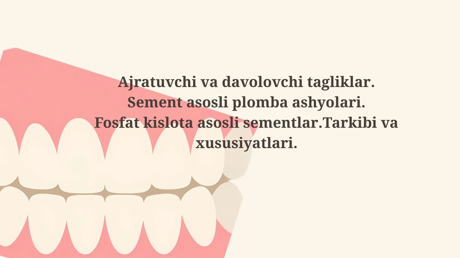 Ajratuvchi va davolovchi tagliklar. Sement asosli plomba ashyolari. Fosfat kislota asosli sementlar.Tarkibi va xususiyatlari