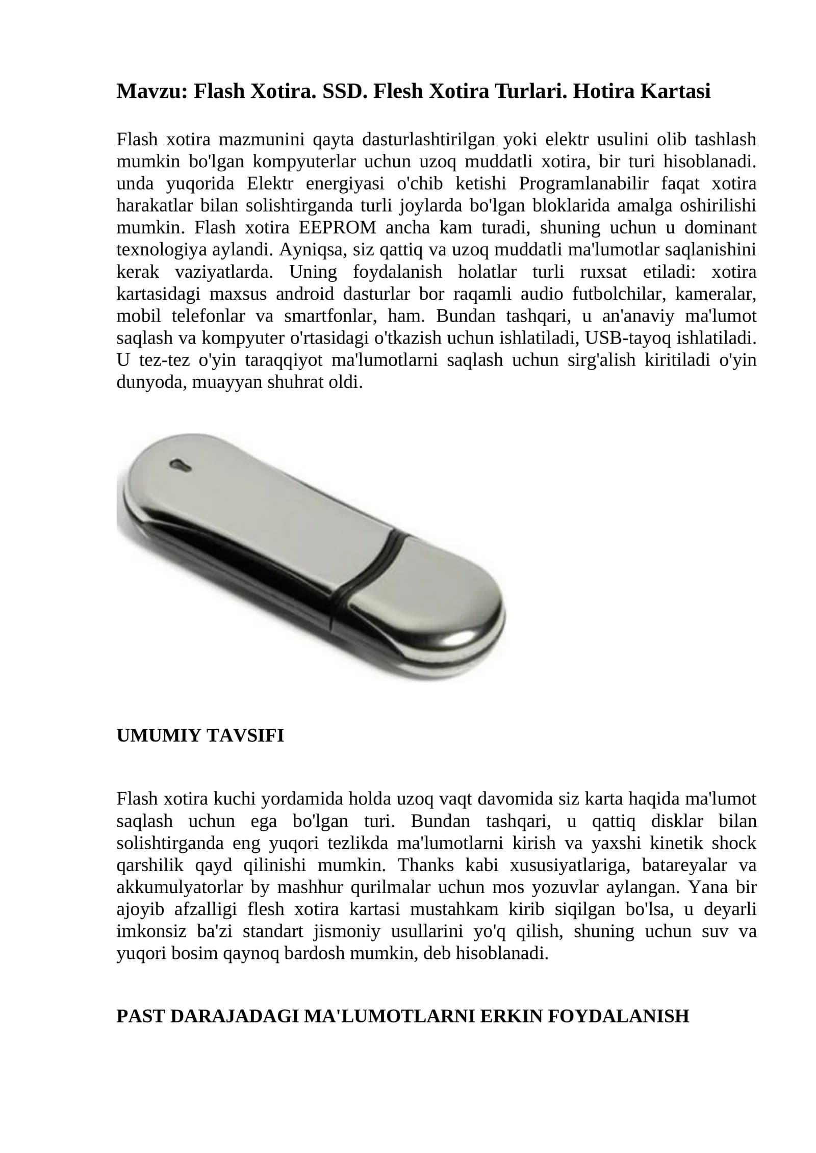 Flash Xotira. SSD. Flesh Xotira Turlari. Hotira Kartasi