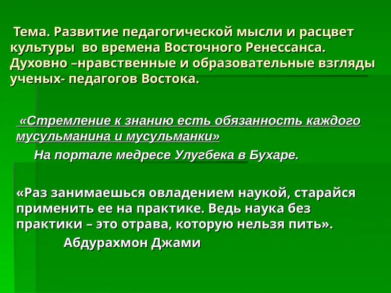 Развитие педагогической мысли и расцвет культуры во времена Восточного Ренессанса