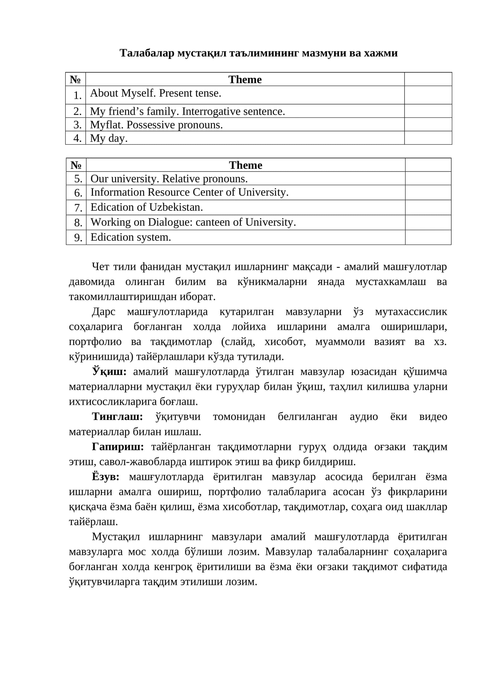 Талабалар мустақил таълимининг мазмуни ва хажми