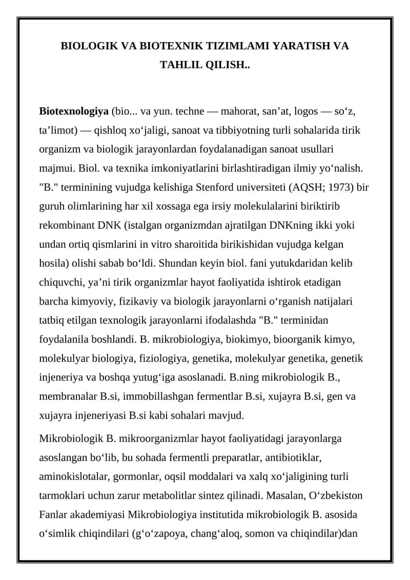 BIOLOGIK VA BIOTEXNIK TIZIMLAMI YARATISH VA TAHLIL QILISH