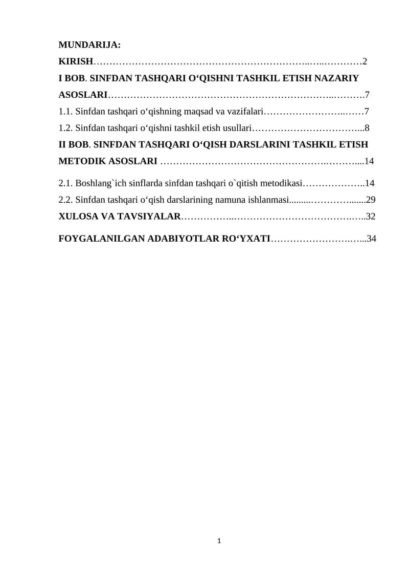 Sinfdan tashqari o‘qishni tashkil etish
