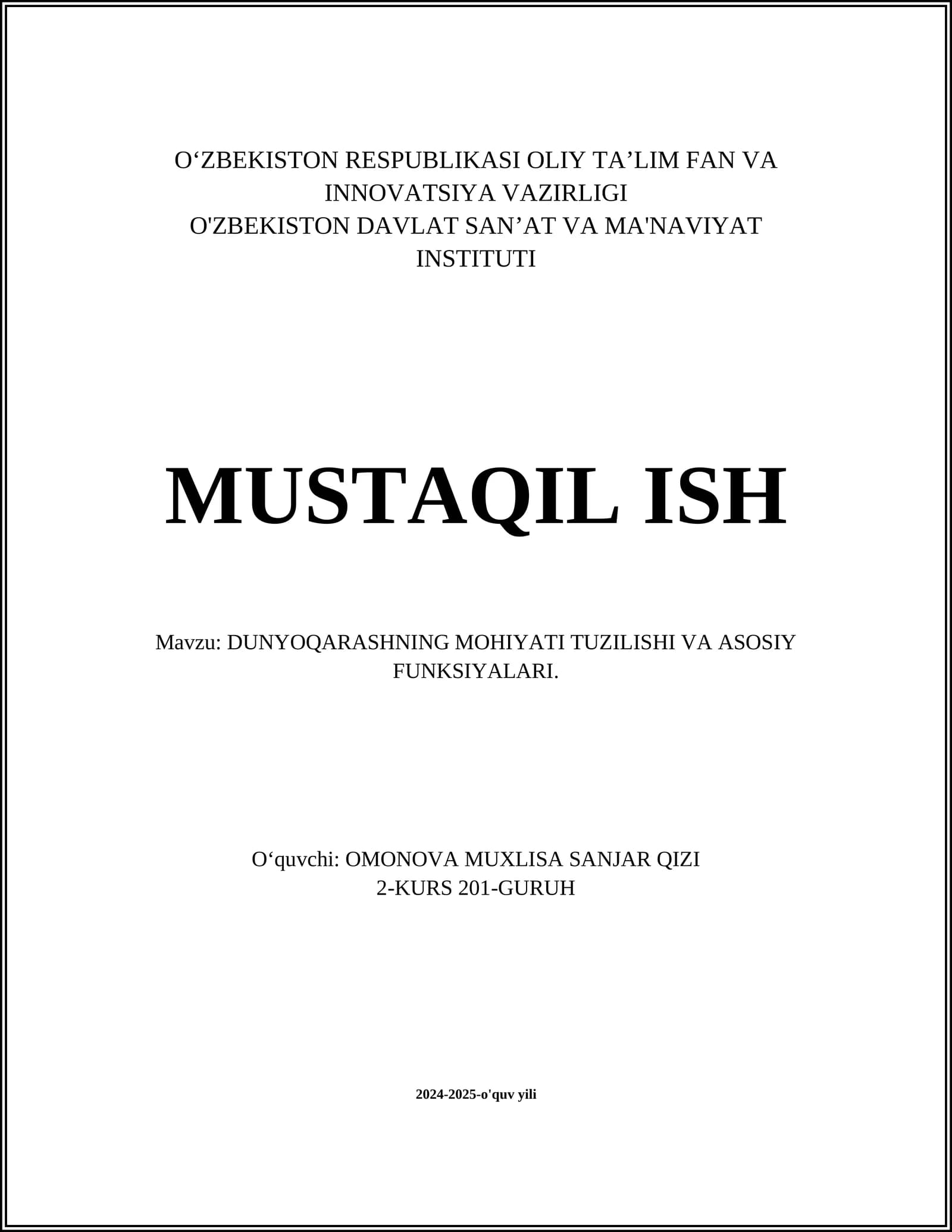 DUNYOQARASHNING MOHIYATI TUZILISHI VA ASOSIY FUNKSIYALARI