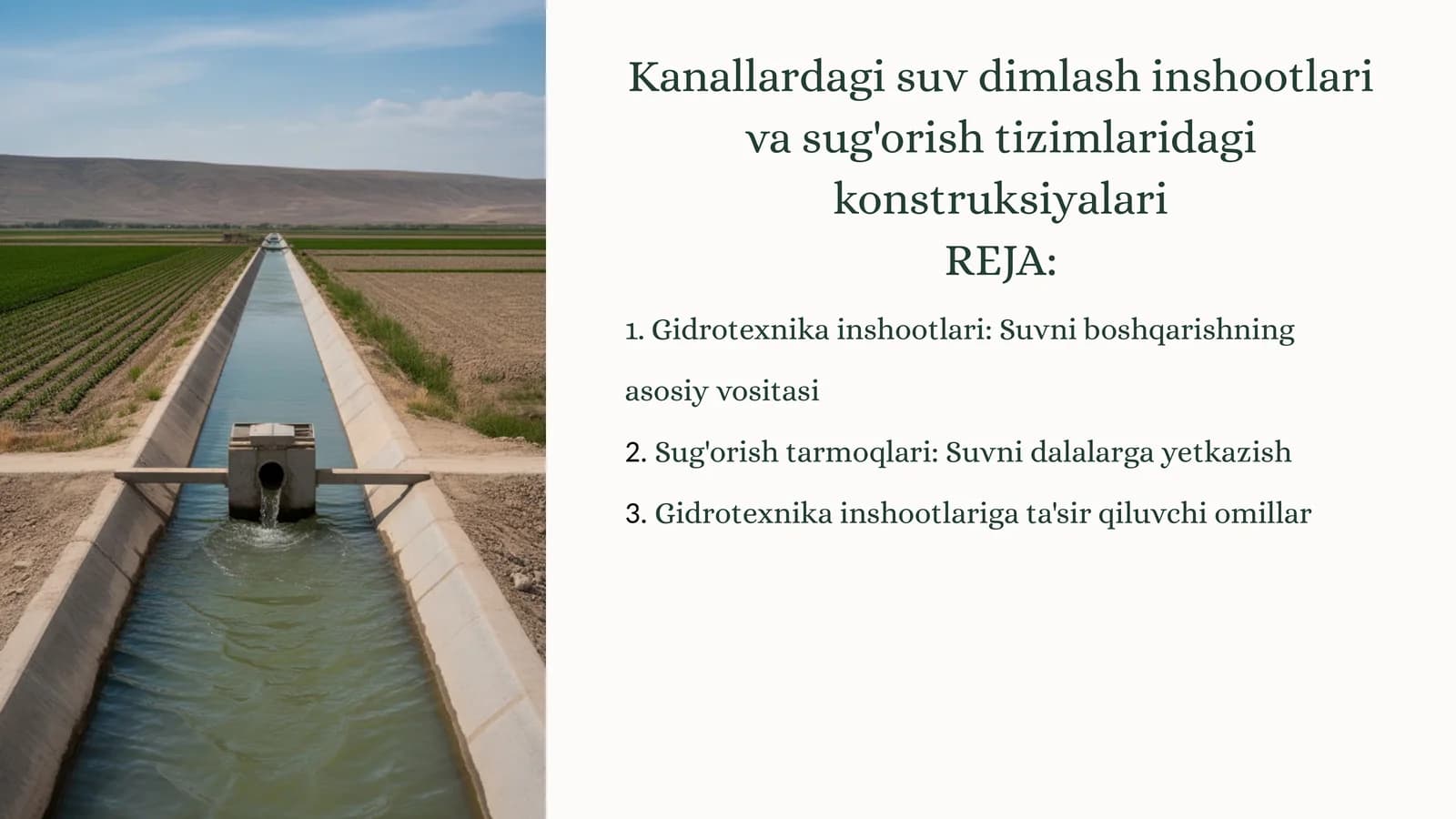 Kanallardagi suv dimlash inshootlari va sug'orishtizimlaridagikonstruksiyalari
