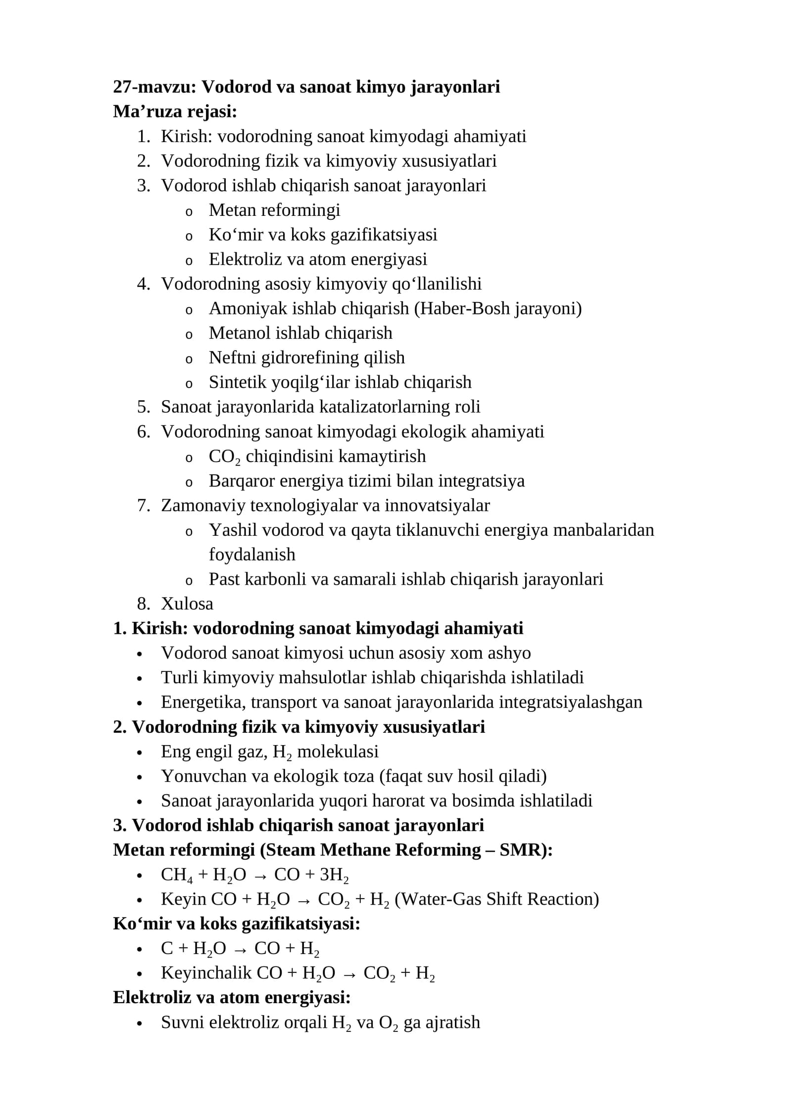Vodorod va sanoat kimyo jarayonlari