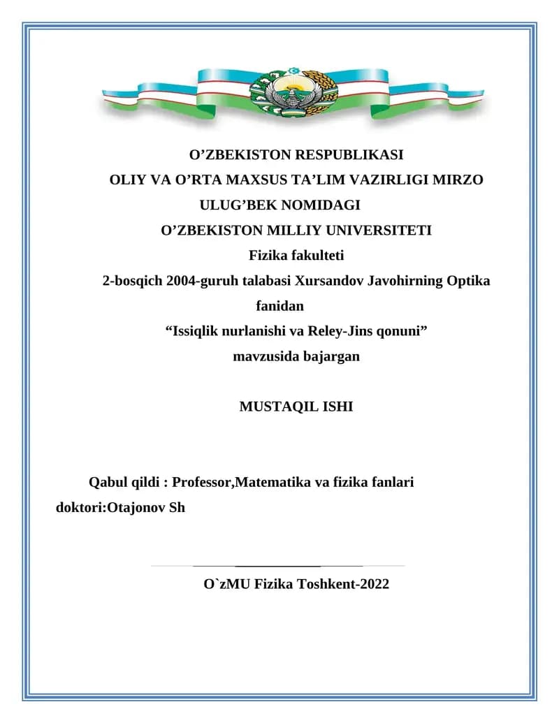 Issiqlik nurlanishi va Reley-Jins qonuni