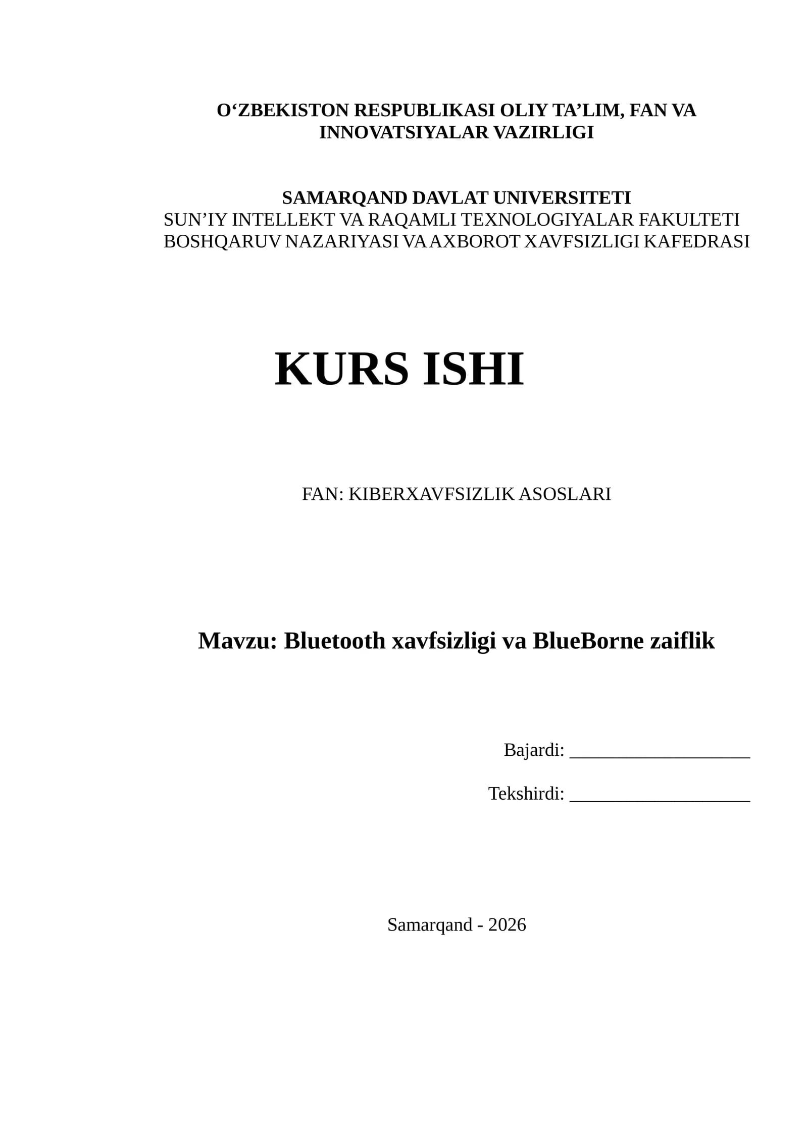 Mavzu: Bluetooth xavfsizligi va BlueBorne zaiflik
