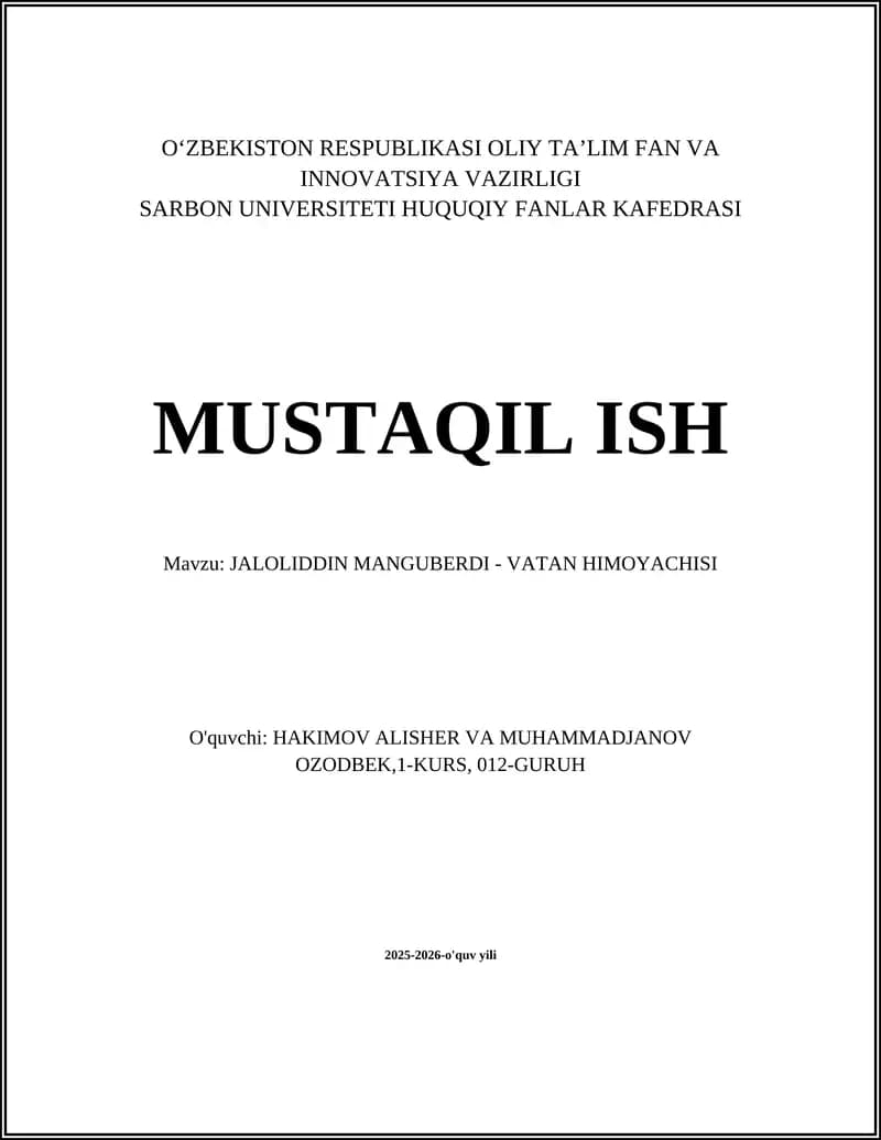 JALOLIDDIN MANGUBERDI - VATAN HIMOYACHISI