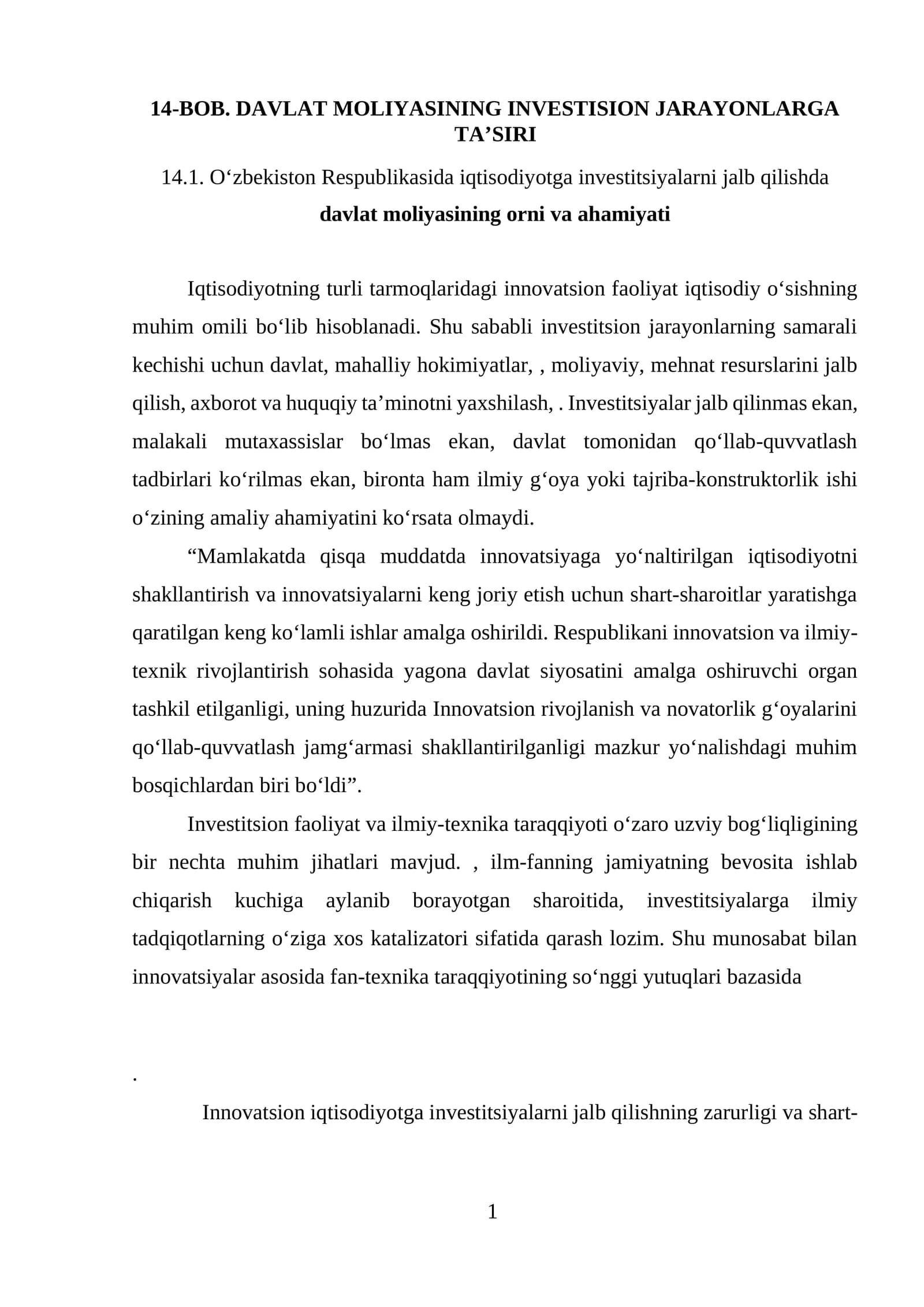 O‘zbekiston Respublikasida iqtisodiyotga investitsiyalarni jalb qilishda davlat moliyasining orni va ahamiyati
