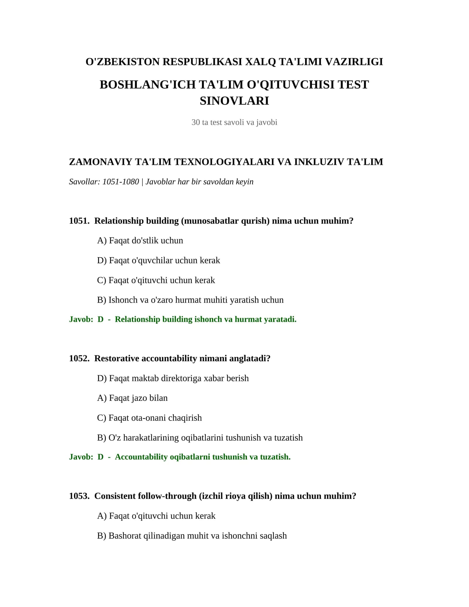 BOSHLANG'ICH TA'LIM O'QITUVCHISI TEST SINOVLARI