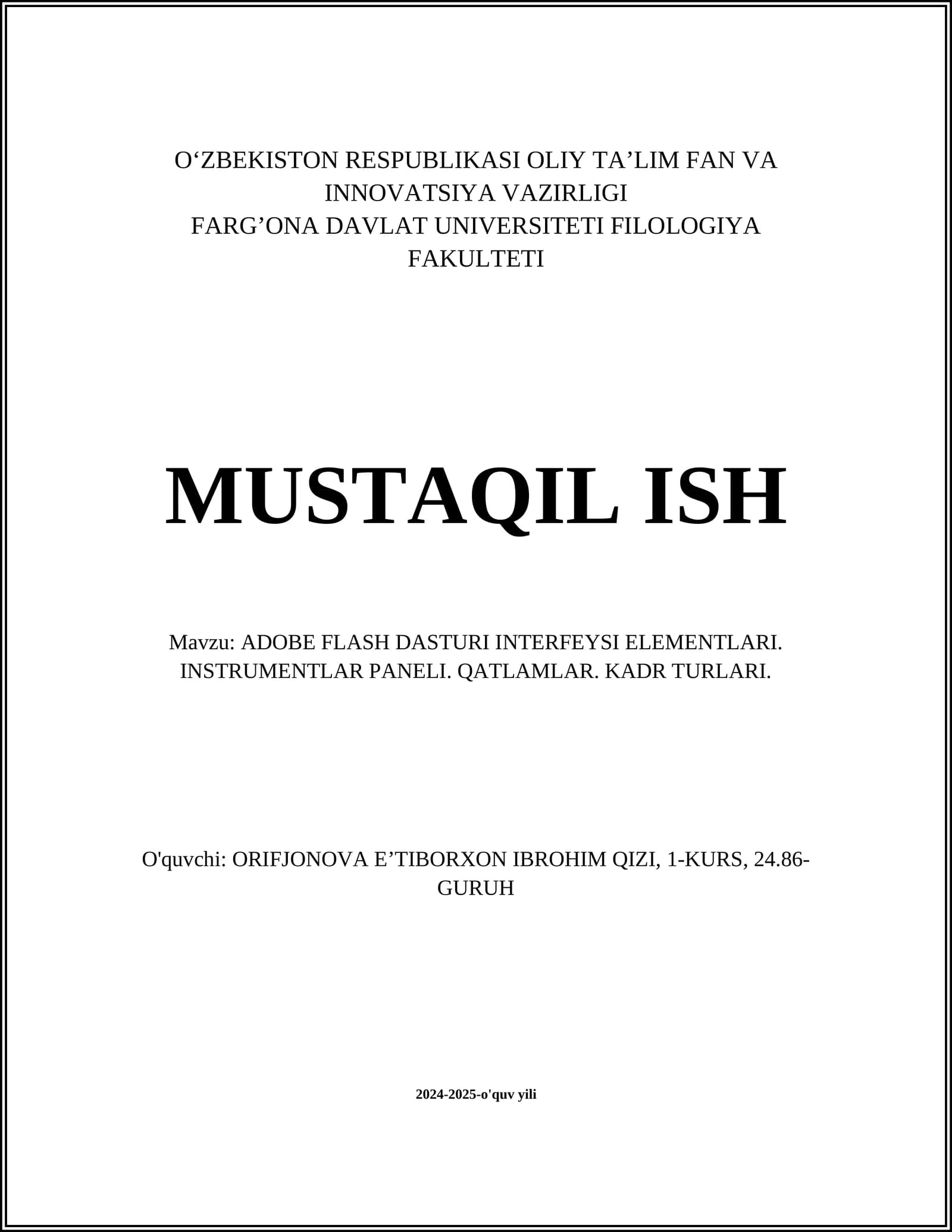 ADOBE FLASH DASTURI INTERFEYSI ELEMENTLARI