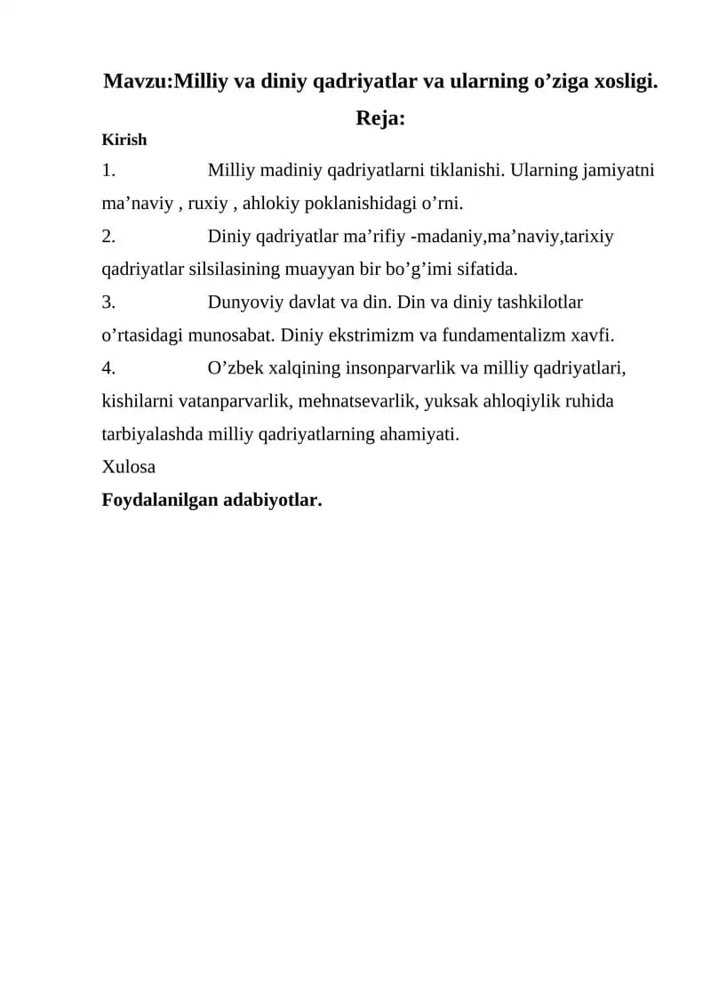 Milliy va diniy qadriyatlar va ularning o’ziga xosligi