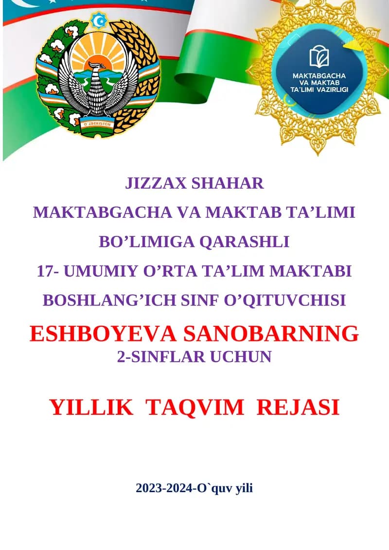 2-SINFLAR UCHUN YILLIK TAQVIM REJASI