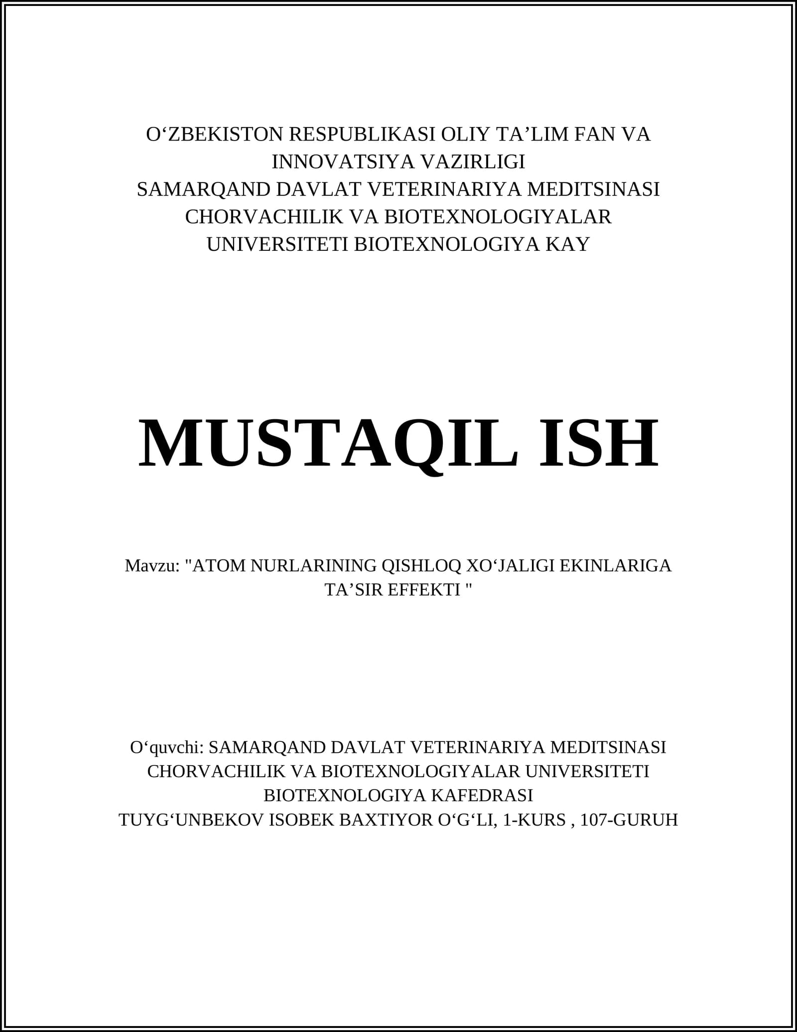 ATOM NURLARINING QISHLOQ XOʻJALIGI EKINLARIGA TAʼSIR EFFEKTI