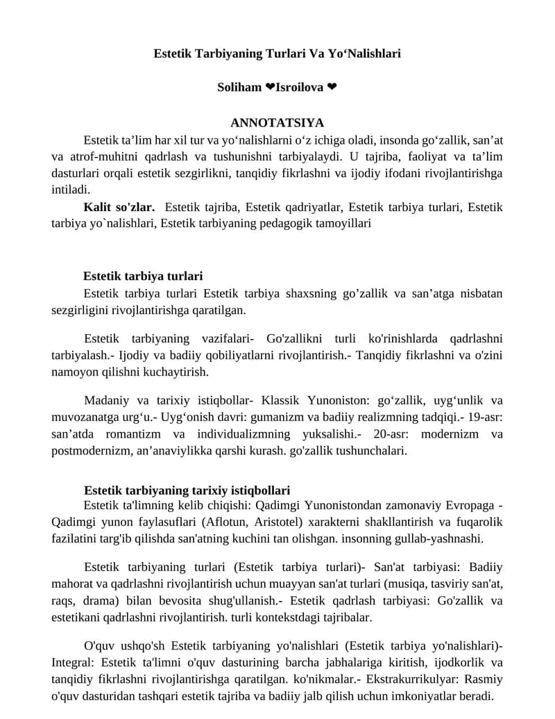Estetik Tarbiyaning Turlari Va YoʻNalishlari