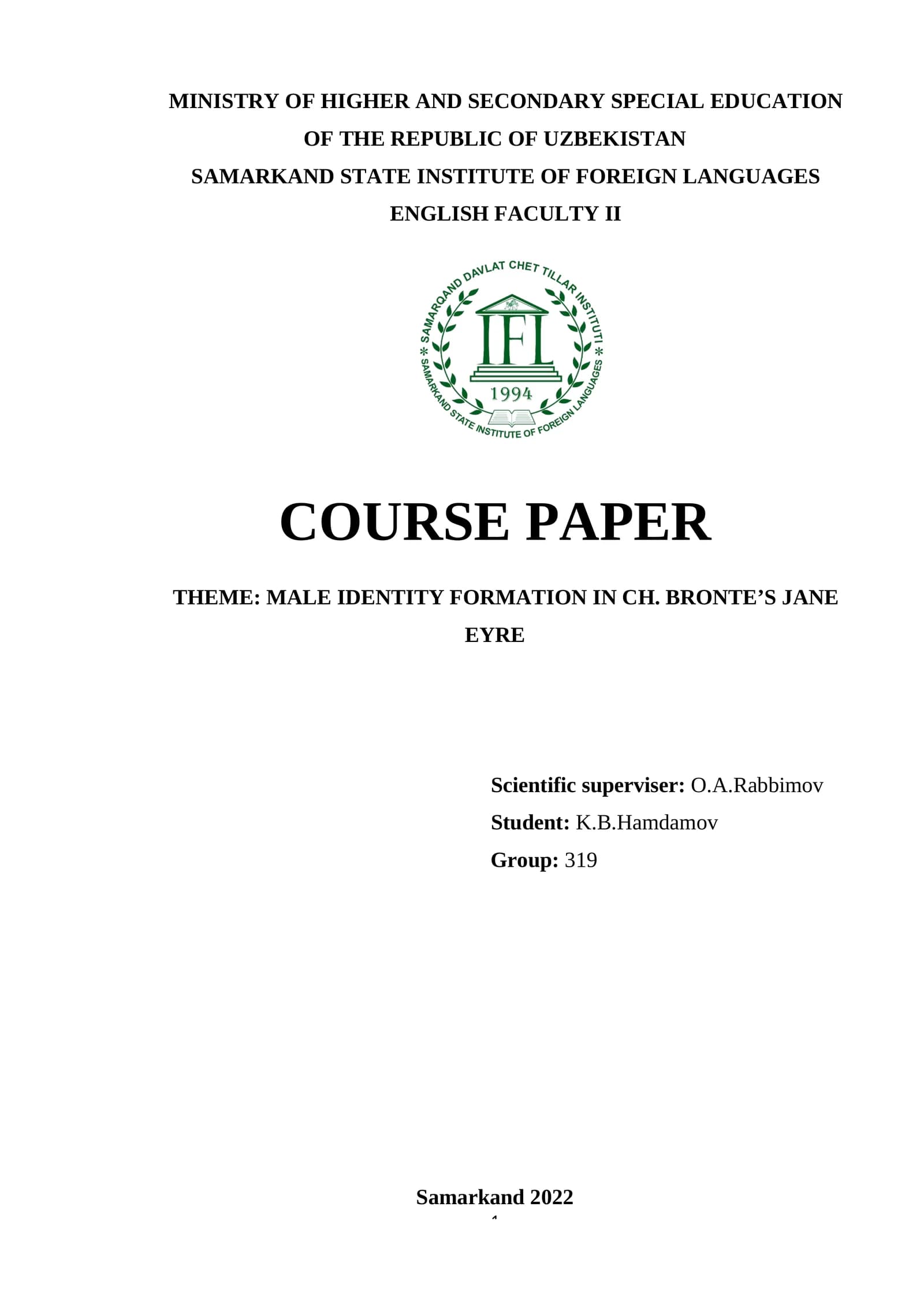 Course Paper: Male Identity Formation in Ch. Bronte’s Jane Eyre