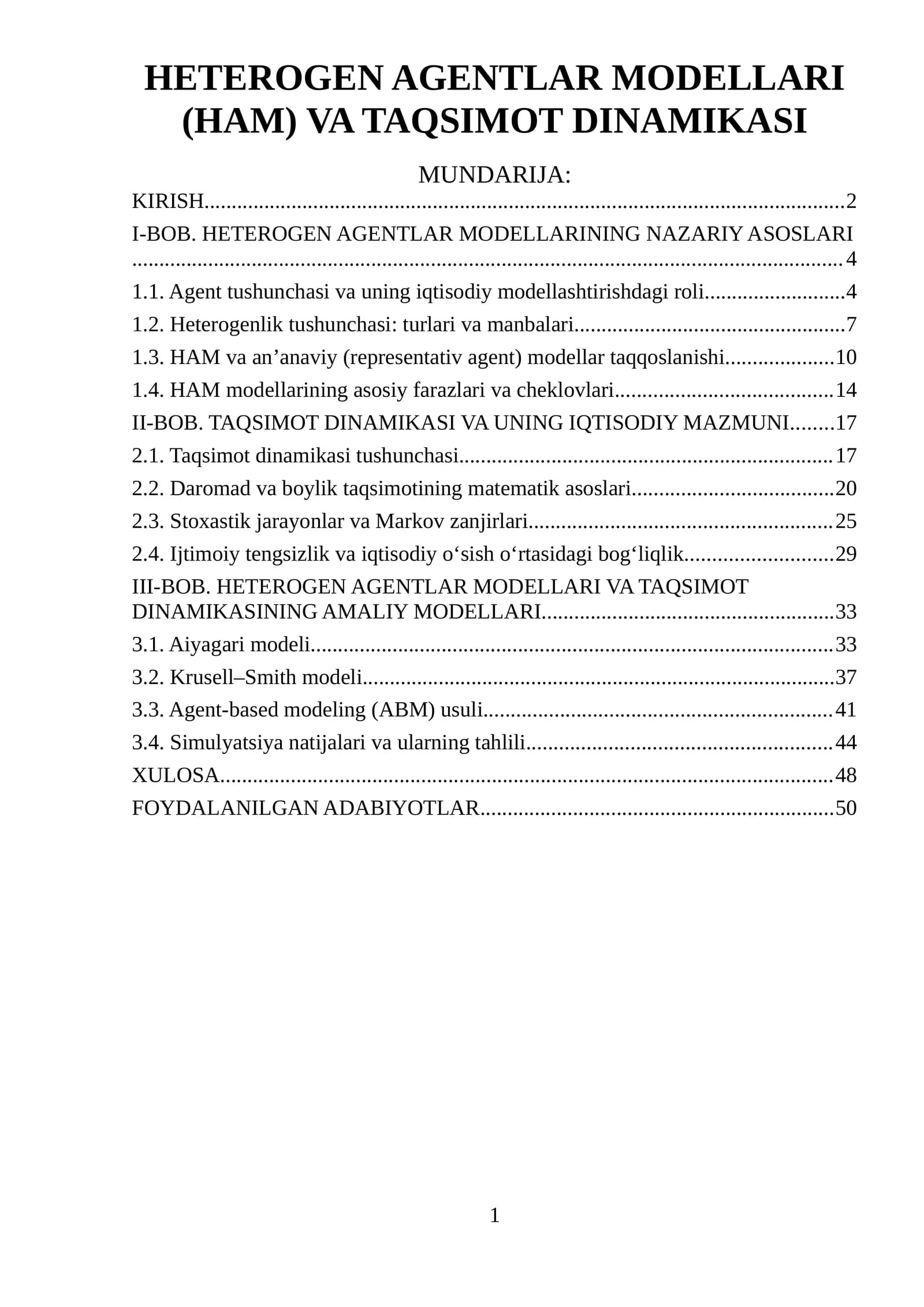 HETEROGEN AGENTLAR MODELLARI (HAM) VA TAQSIMOT DINAMIKASI