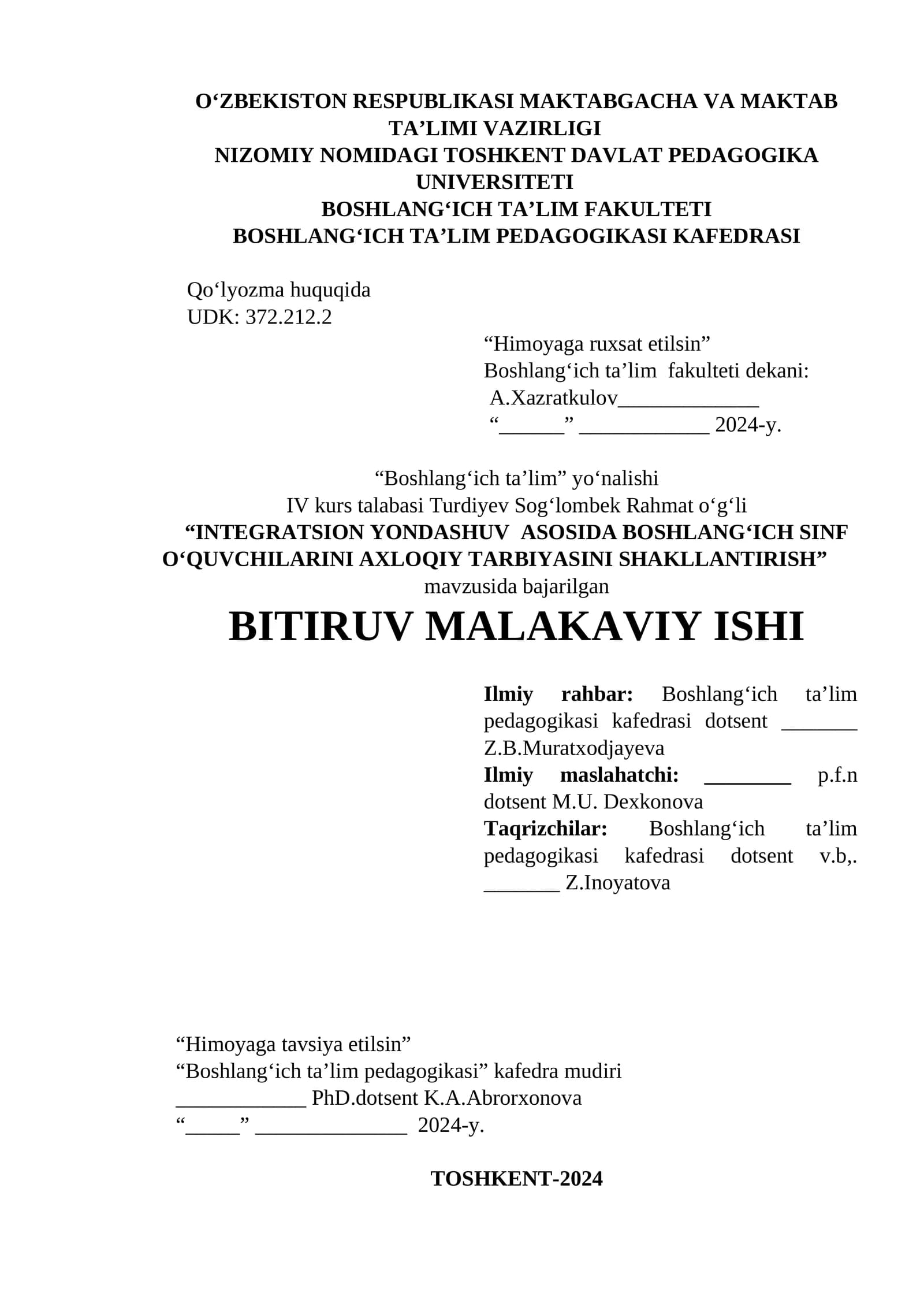 INTEGRATSION YONDASHUV ASOSIDA BOSHLANG‘ICH SINF O‘QUVCHILARINI AXLOQIY TARBIYASINI SHAKLLANTIRISH