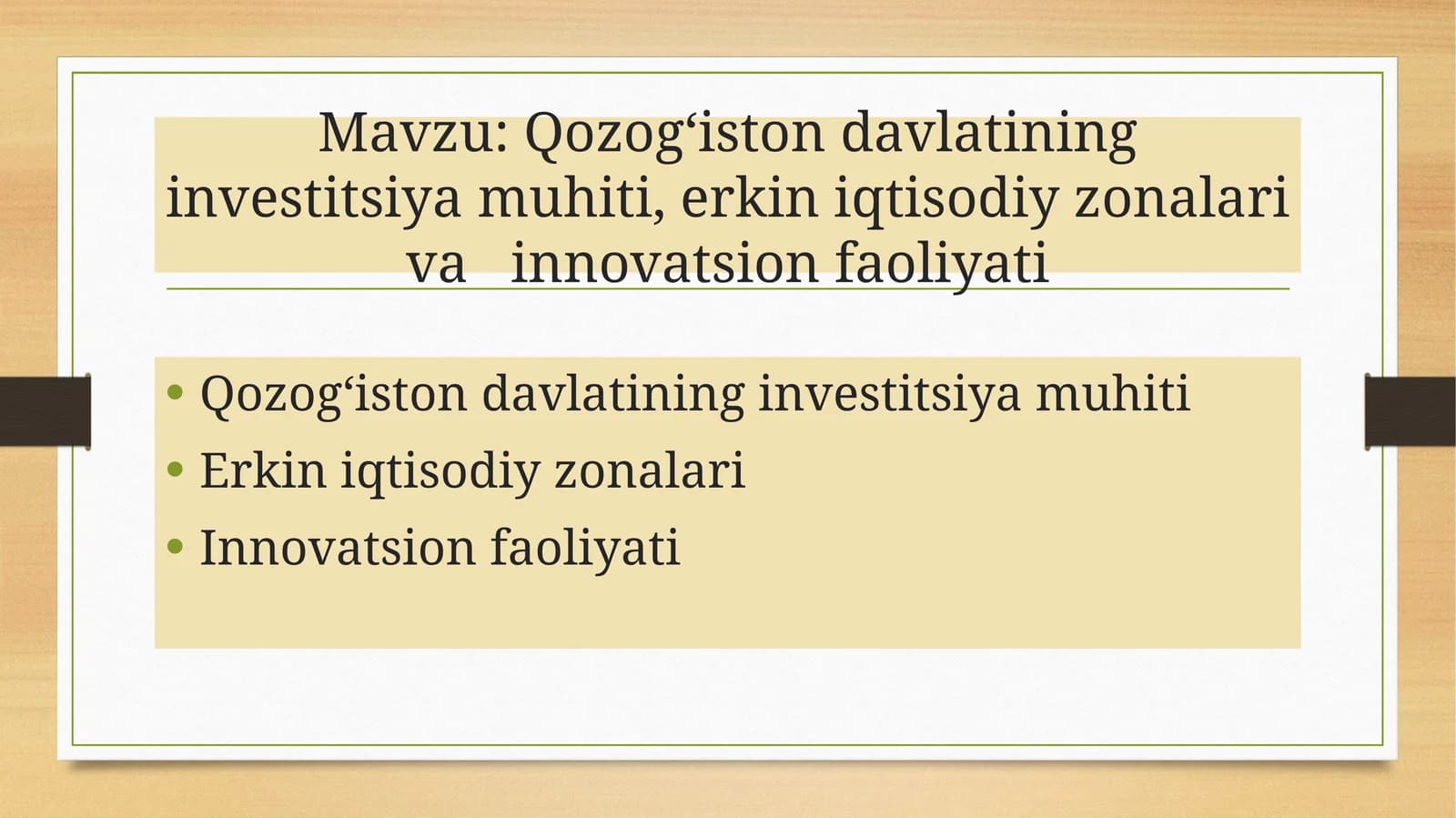 Qozogʻiston Davlatining Investitsiya Muhiti, Erkiniqtisodiy Zonalar va Innovatsion Faoliyati