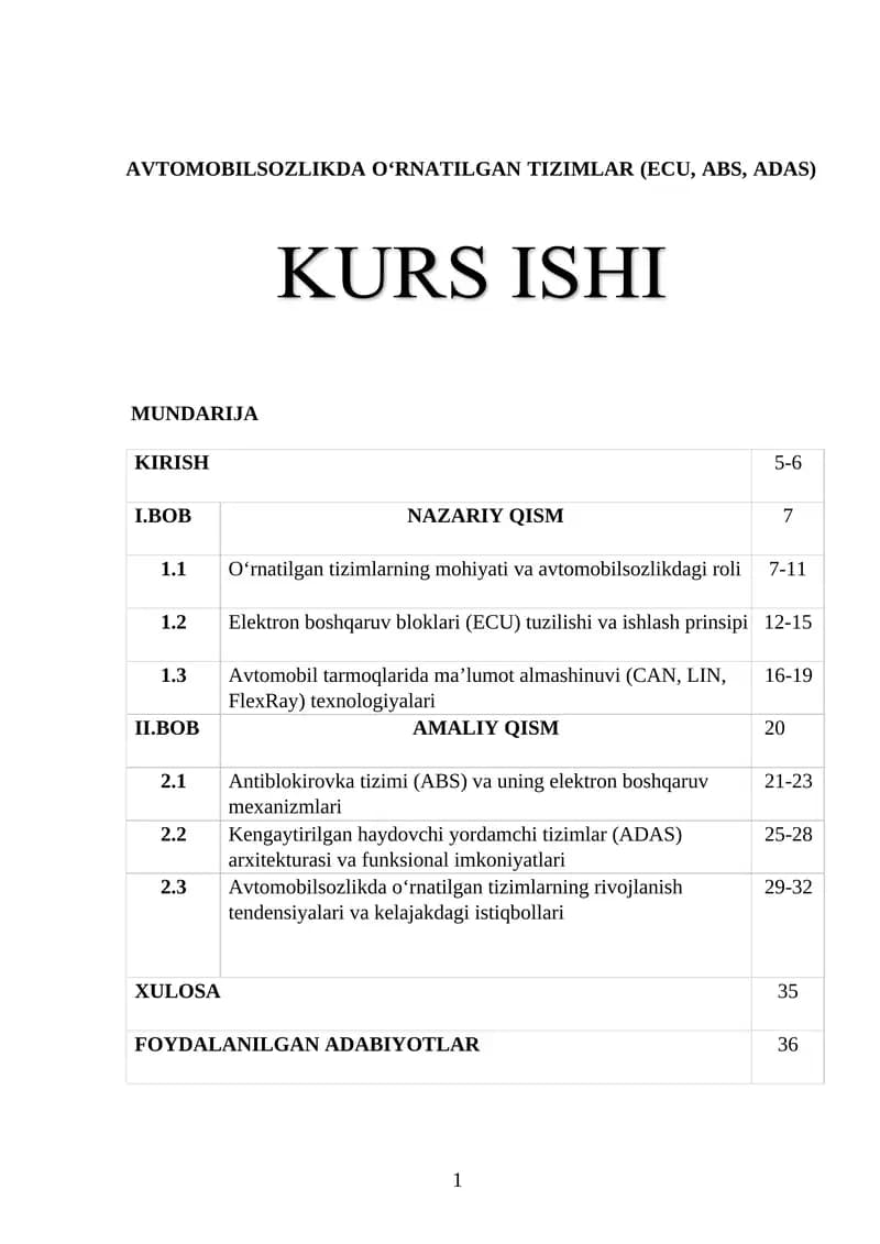 AVTOMOBILSOZLIKDA O‘RNATILGAN TIZIMLAR (ECU, ABS, ADAS)