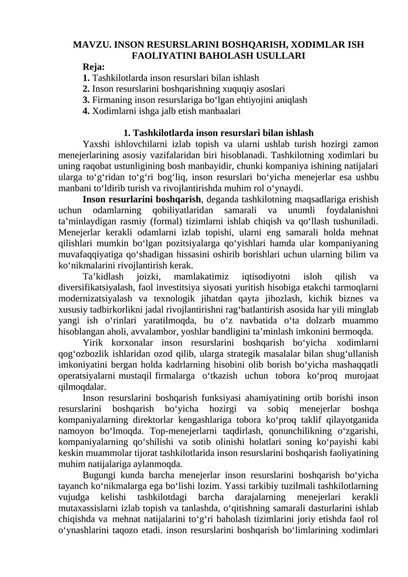 INSON RESURSLARINI BOSHQARISH, XODIMLAR ISH FAOLIYATINI BAHOLASH USULLARI