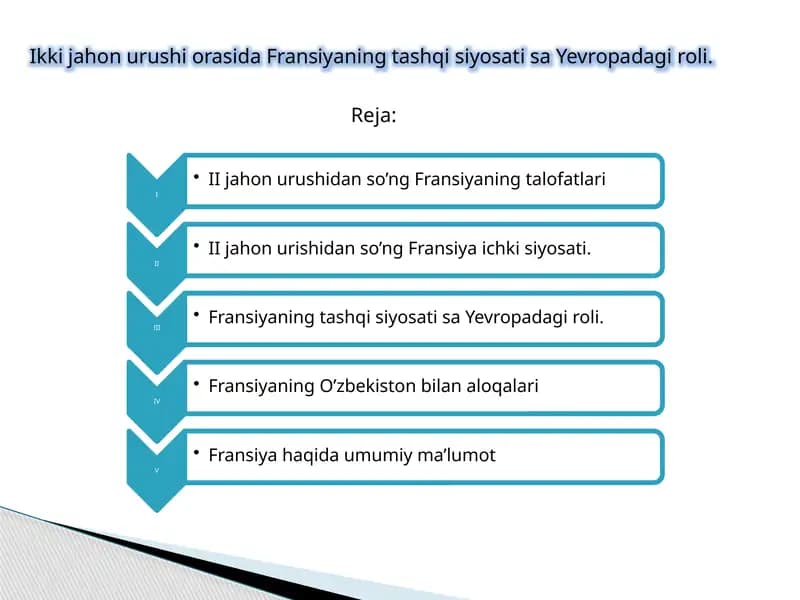 Ikki jahon urushi orasida Fransiyaning tashqi siyosati sa Yevropadagi roli.