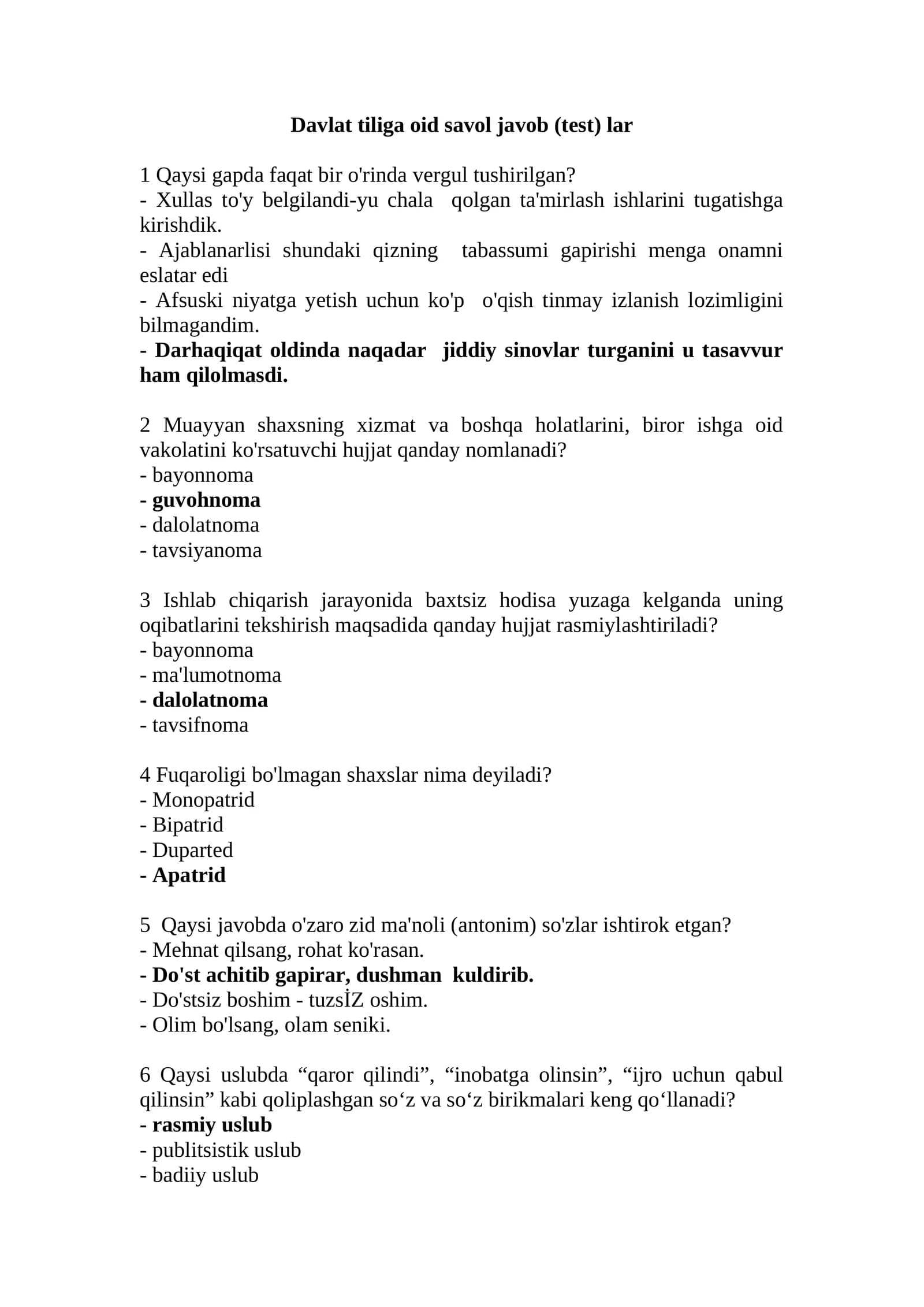 Davlat tiliga oid savol javob (test) lar