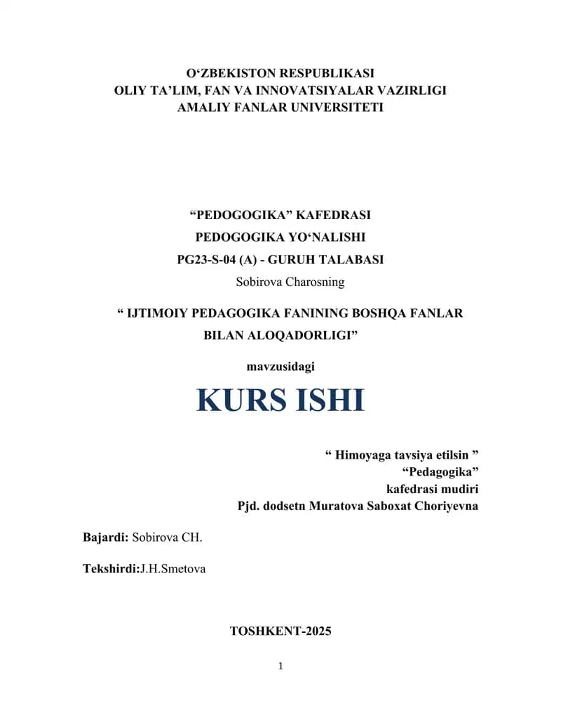 IJTIMOIY PEDAGOGIKA FANINING BOSHQA FANLAR BILAN ALOQADORLIGI.