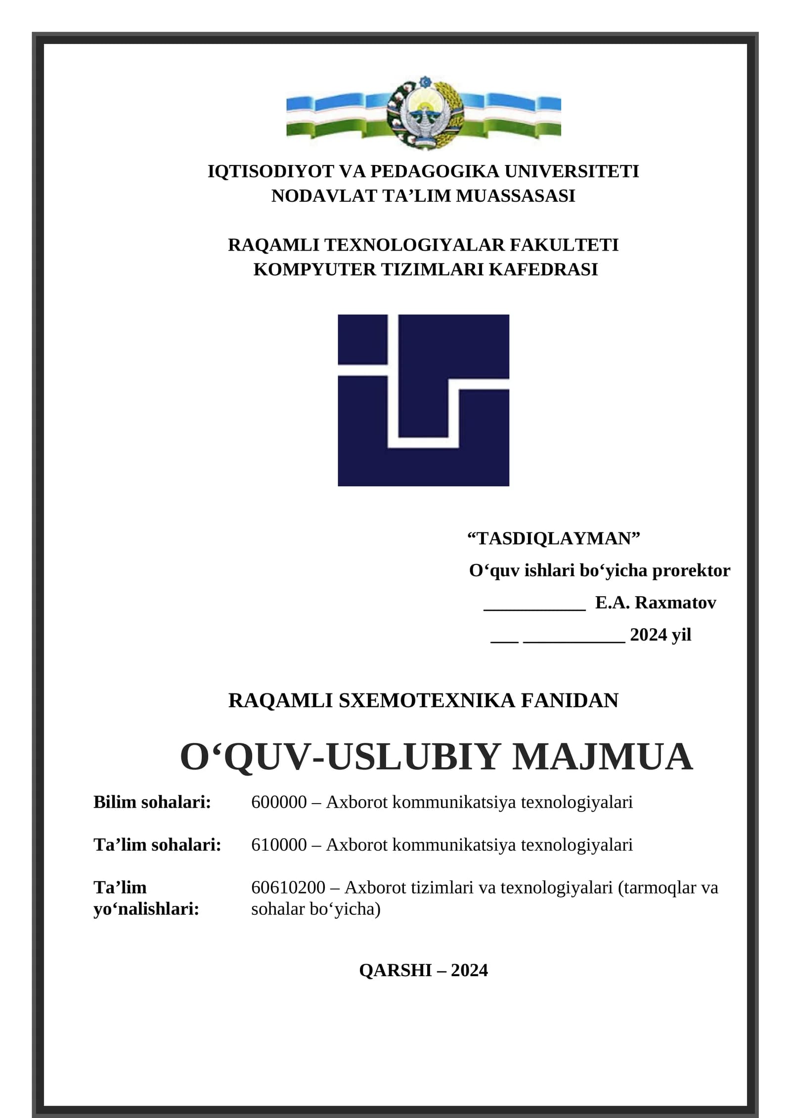 RAQAMLI SXEMOTEXNIKA FANIDAN OʻQUV-USLUBIY MAJMUA