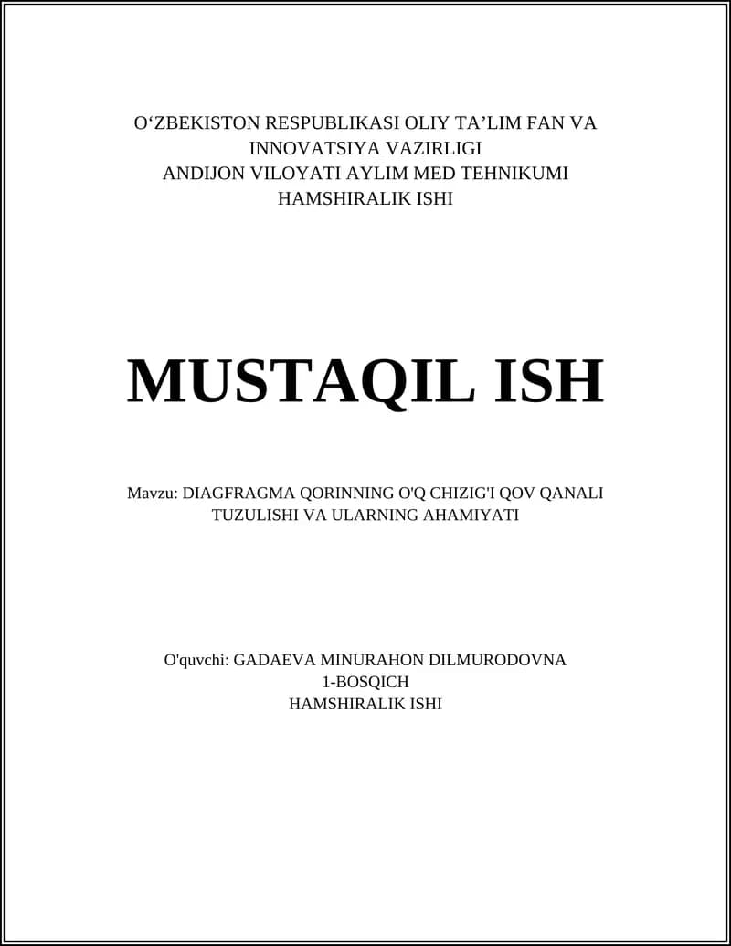 DIAGFRAGMA QORINNING O'Q CHIZIG'I QOV QANALI TUZULISHI VA ULARNING AHAMIYATI