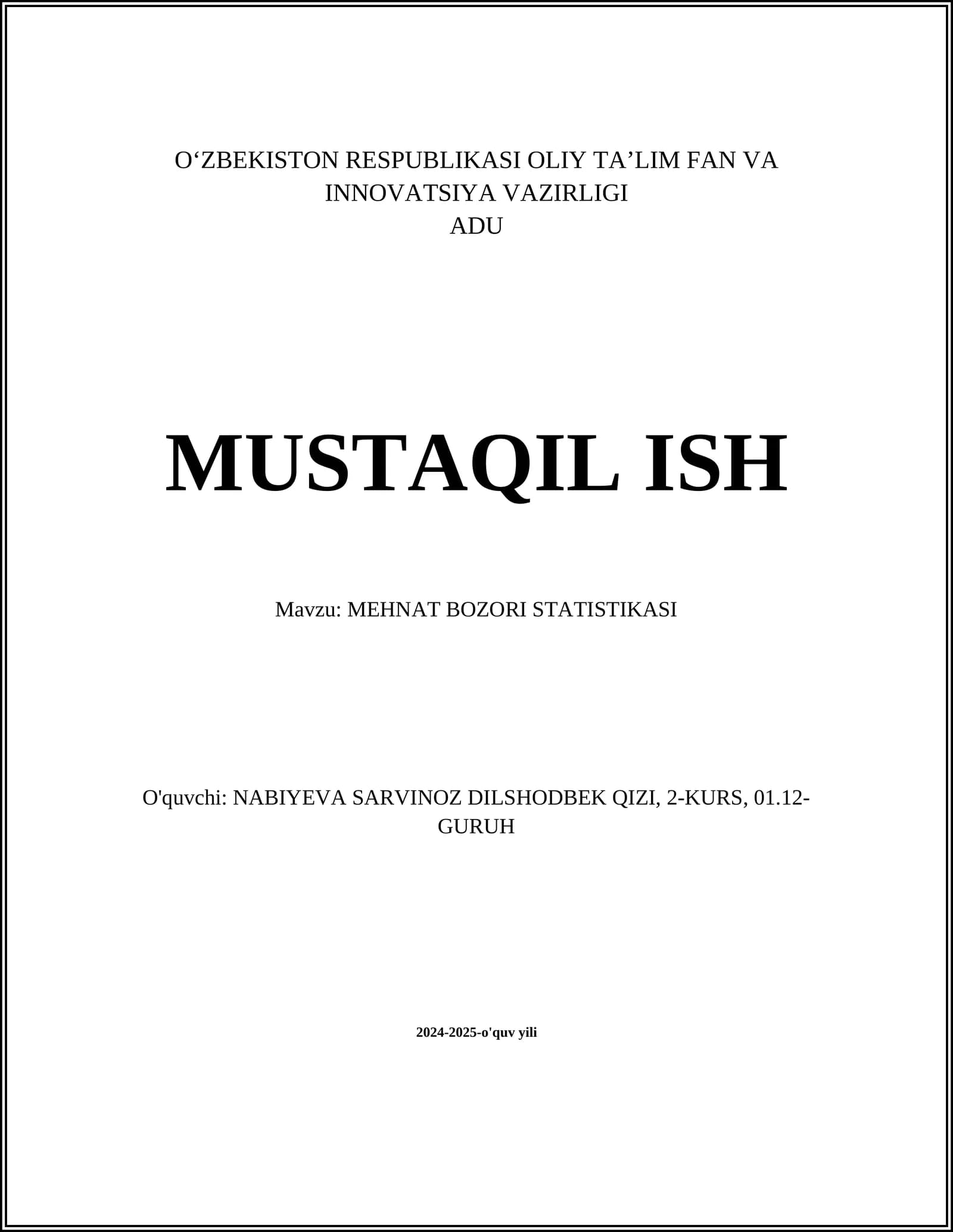 MEHNAT BOZORI STATISTIKASI