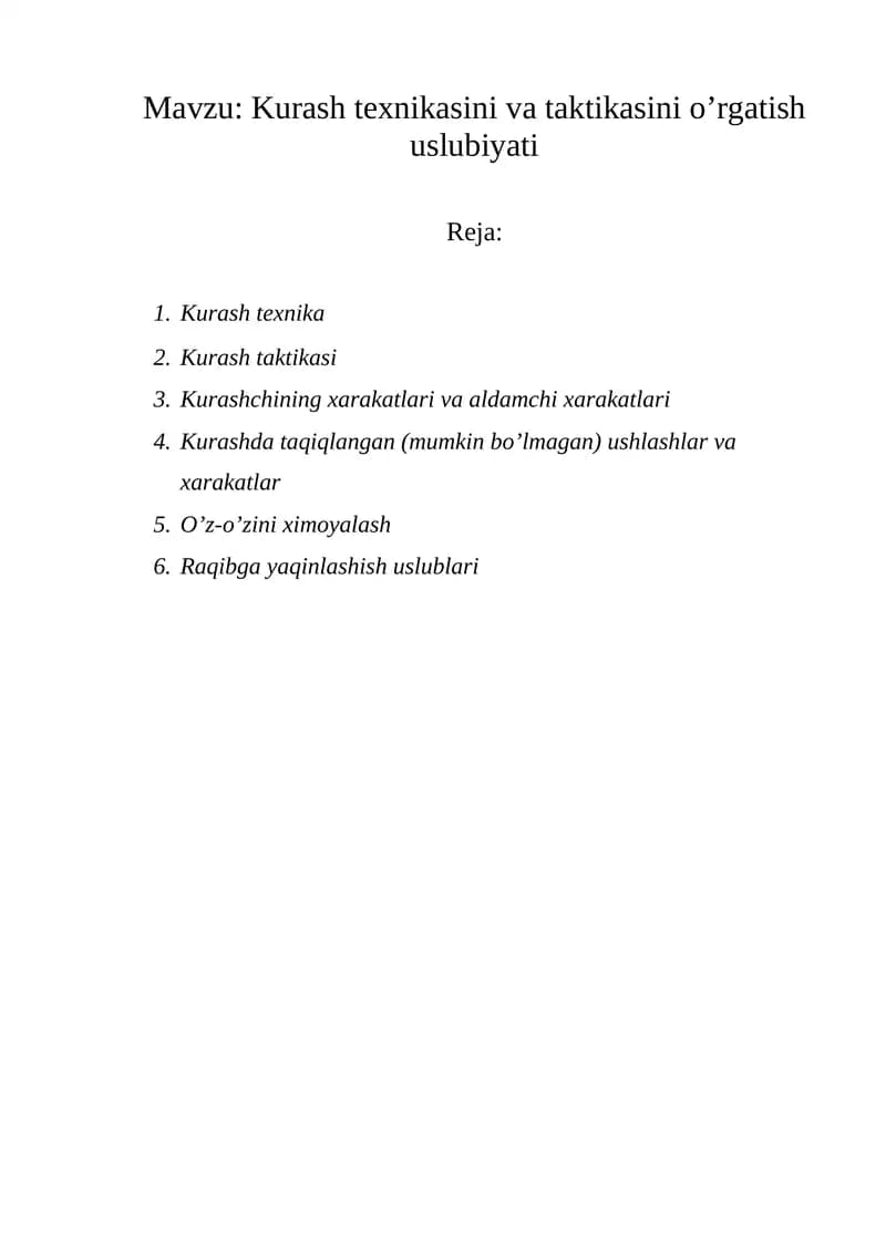 Kurash Texnikasi va Taktikasi