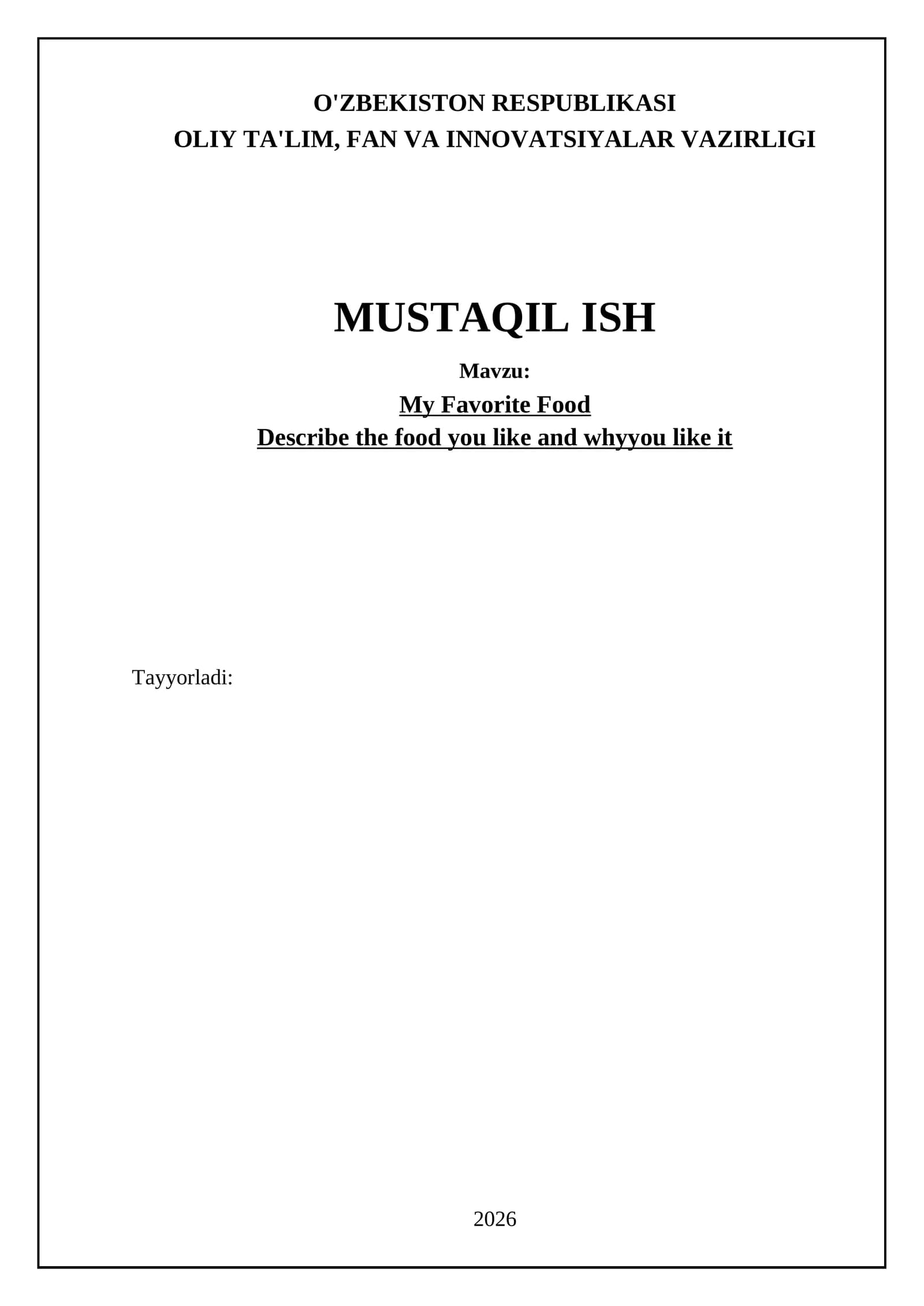 Mening sevimli taomimning ta'riflanishi
