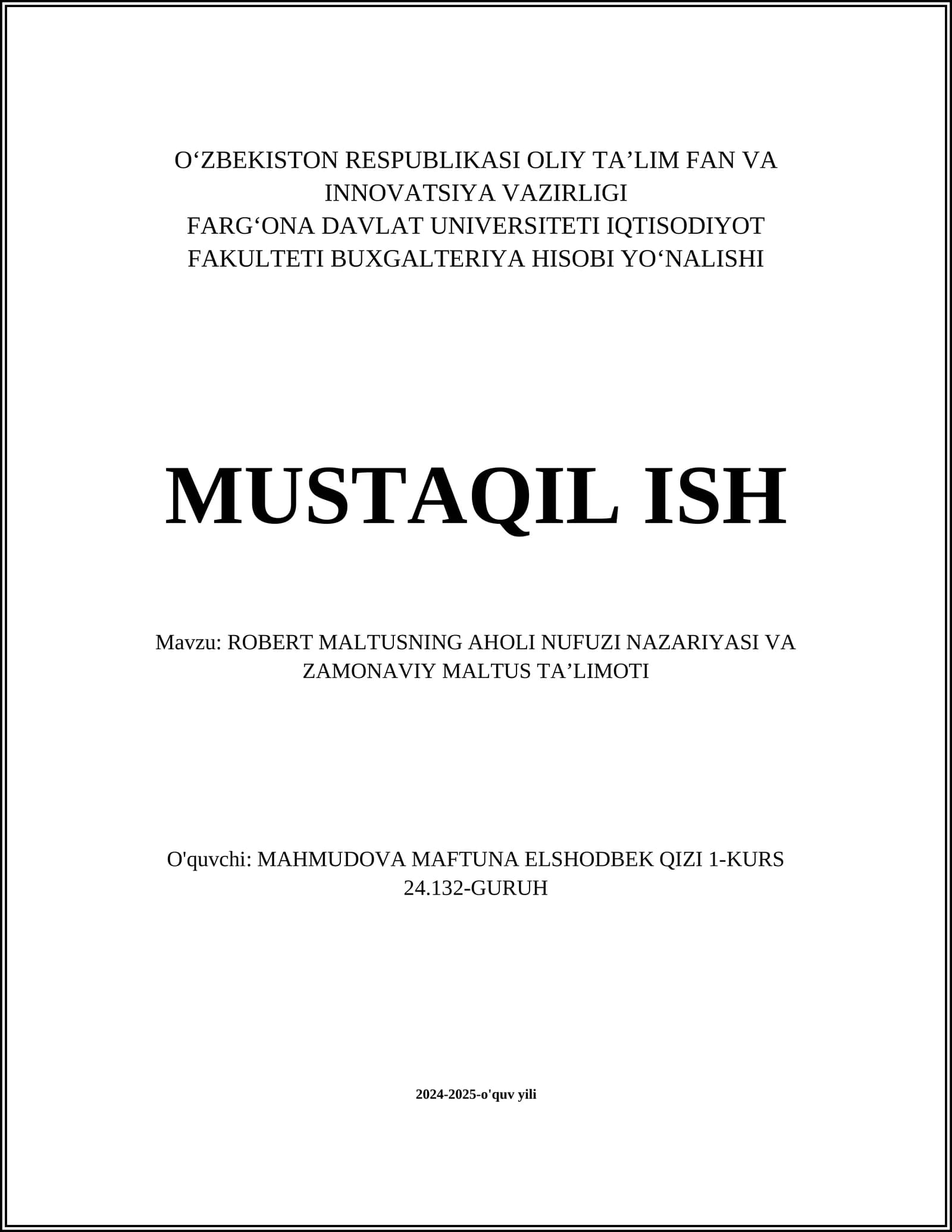 ROBERT MALTUSNING AHOLI NUFUZI NAZARIYASI VA ZAMONAVIY MALTUS TAʼLIMOTI