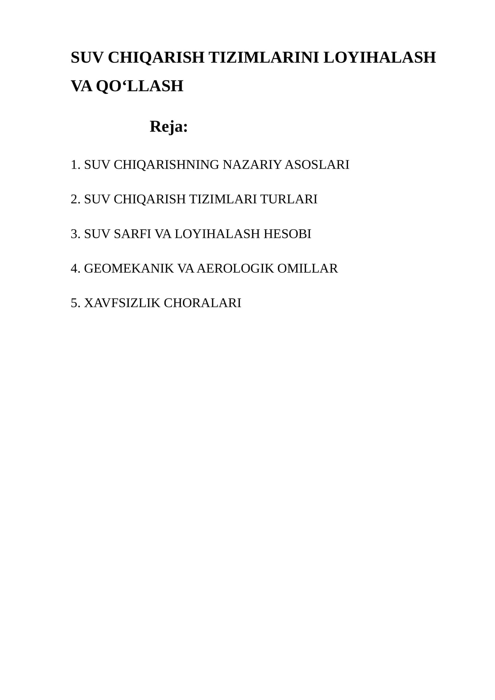 SUV CHIQARISH TIZIMLARINI LOYIHALASH VA QO‘LLASH