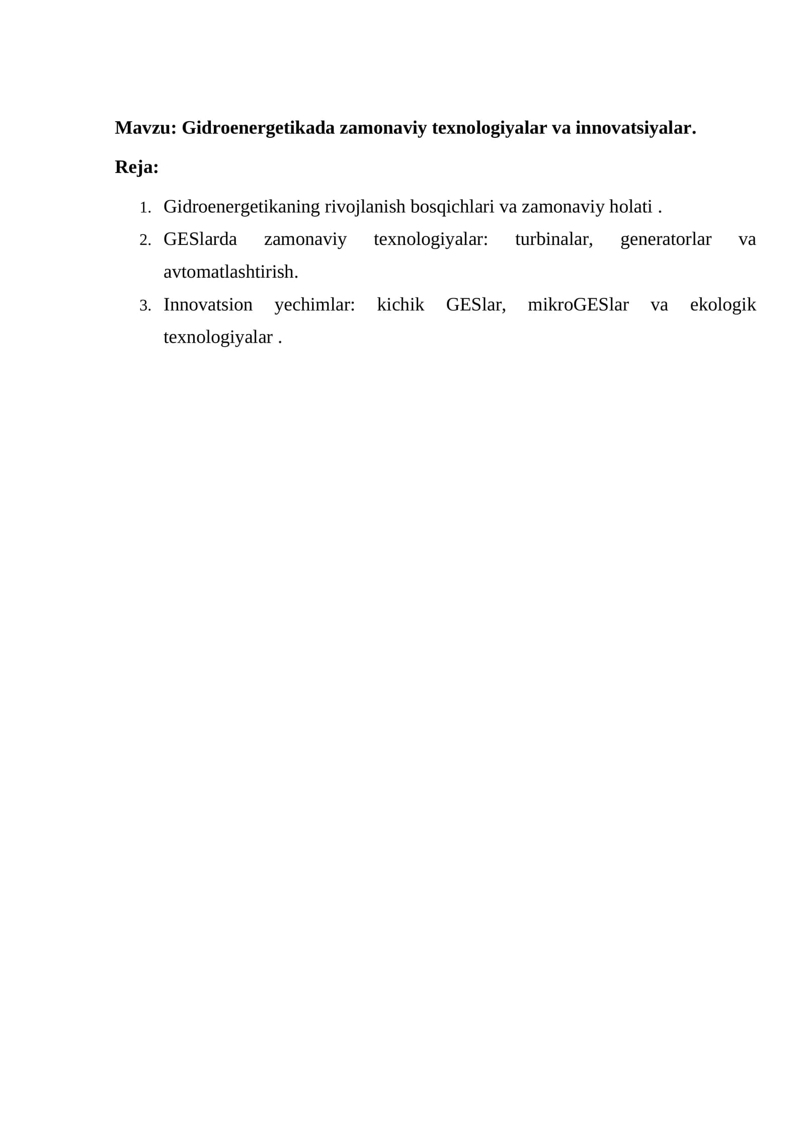 Gidroenergetikada zamonaviy texnologiyalar va innovatsiyalar
