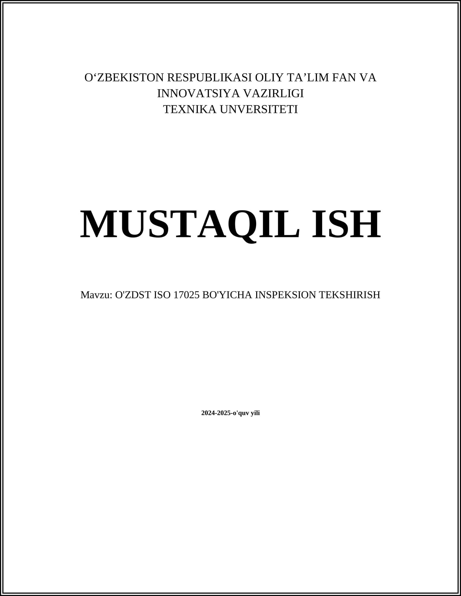 O'ZDST ISO 17025 BO'YICHA INSPEKSION TEKSHIRISH