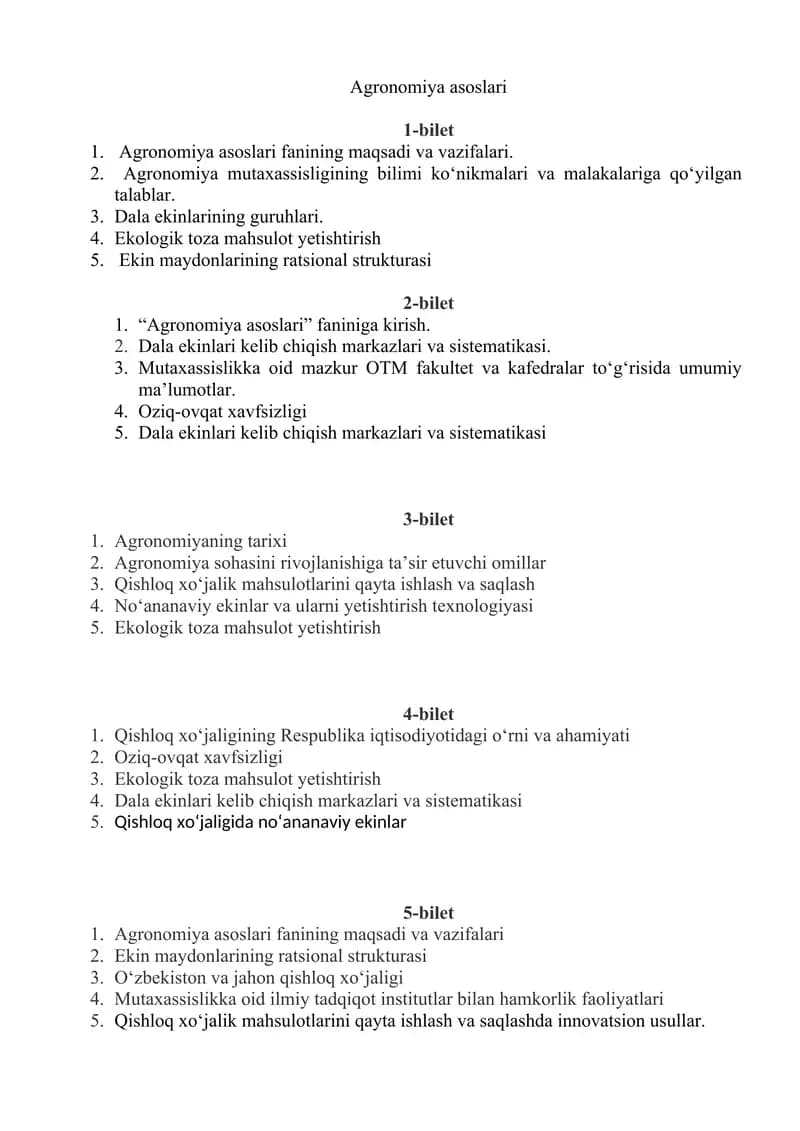 Agronomiya asoslari  fanidan tayyorlanish uchun biletlar